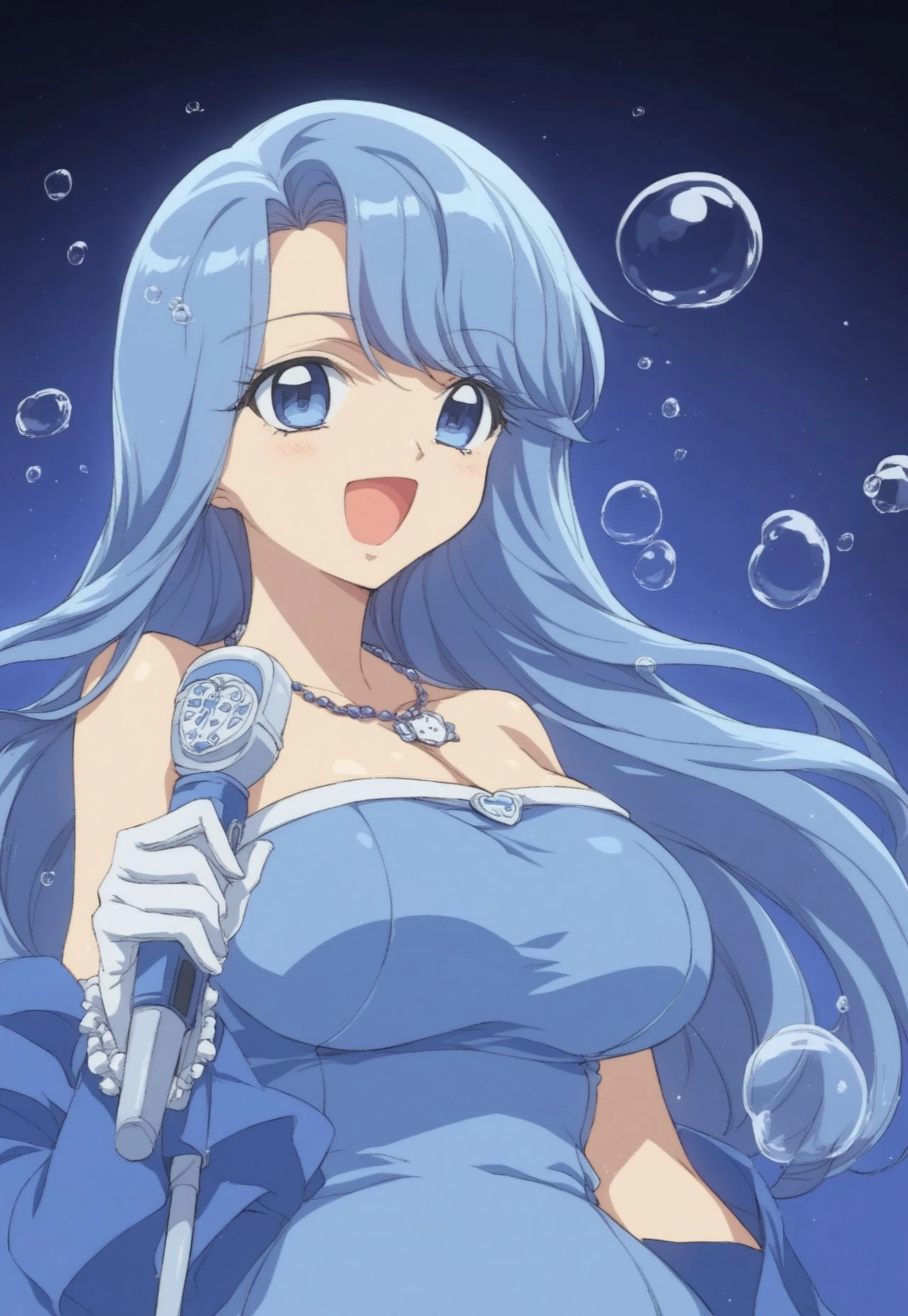 score_9,score_8_up,score_7_up, source_anime, 1girl, solo, noel, blue hair, long hair, blue eyes, tight dress, white gloves, off shoulder, bare shoulder, shell necklace, wrist jewelry, holding microphone, singing, big breasts, standing, sexy body, well-balanced body, looking at viewer, from front, front view, close up portrait, deep sea, underwater, under water, bubbles