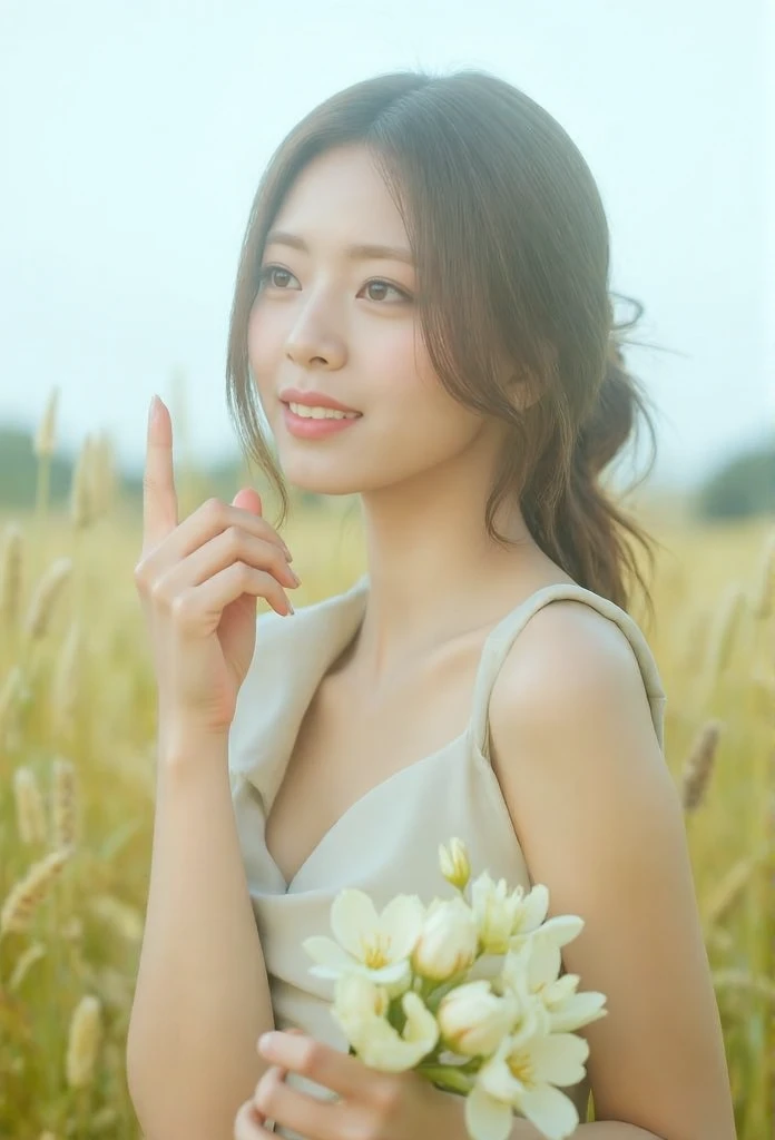 <lora:fluxx-yuna:1> yun,,, masterpiece, best quality, a korean woman in a dress holding a bouquet of flowers in a field of grass with a sky background and a field of tall grass, portrait photography, a portrait, romanticism