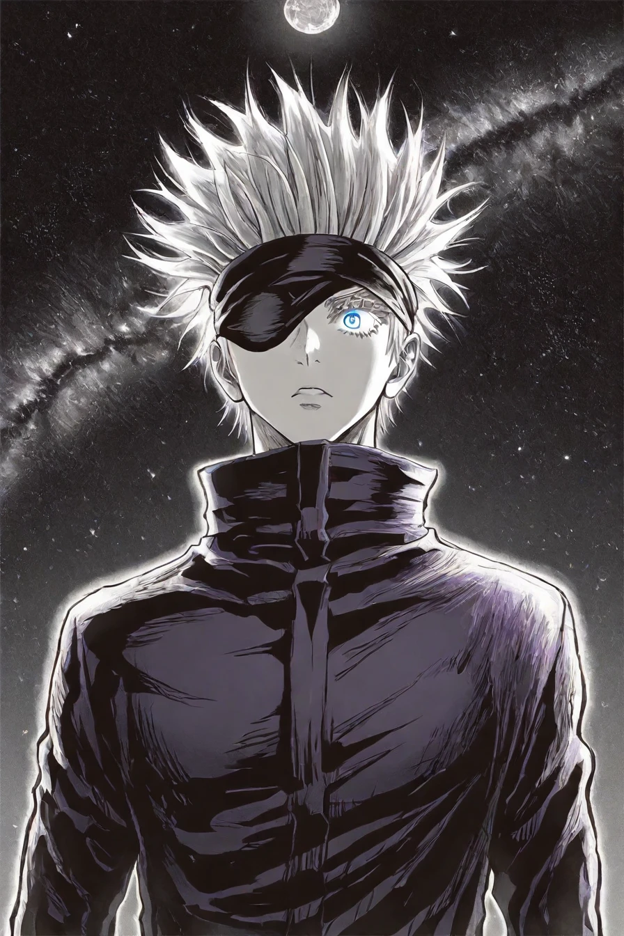 <lora:GojoSatoruPony:0.6> SatoruGojo, gojou satoru, white hair, high collar, blindfold, one covered eye, black blindfold, purple jacket, 1boy, solo, alone, starry sky, stars, blue eye, <lora:yusuke_murata_scenery_illustriousXL-000021:1>, yusuke_murata_scenery, scenery, monochrome, greyscale, masterpiece, highres