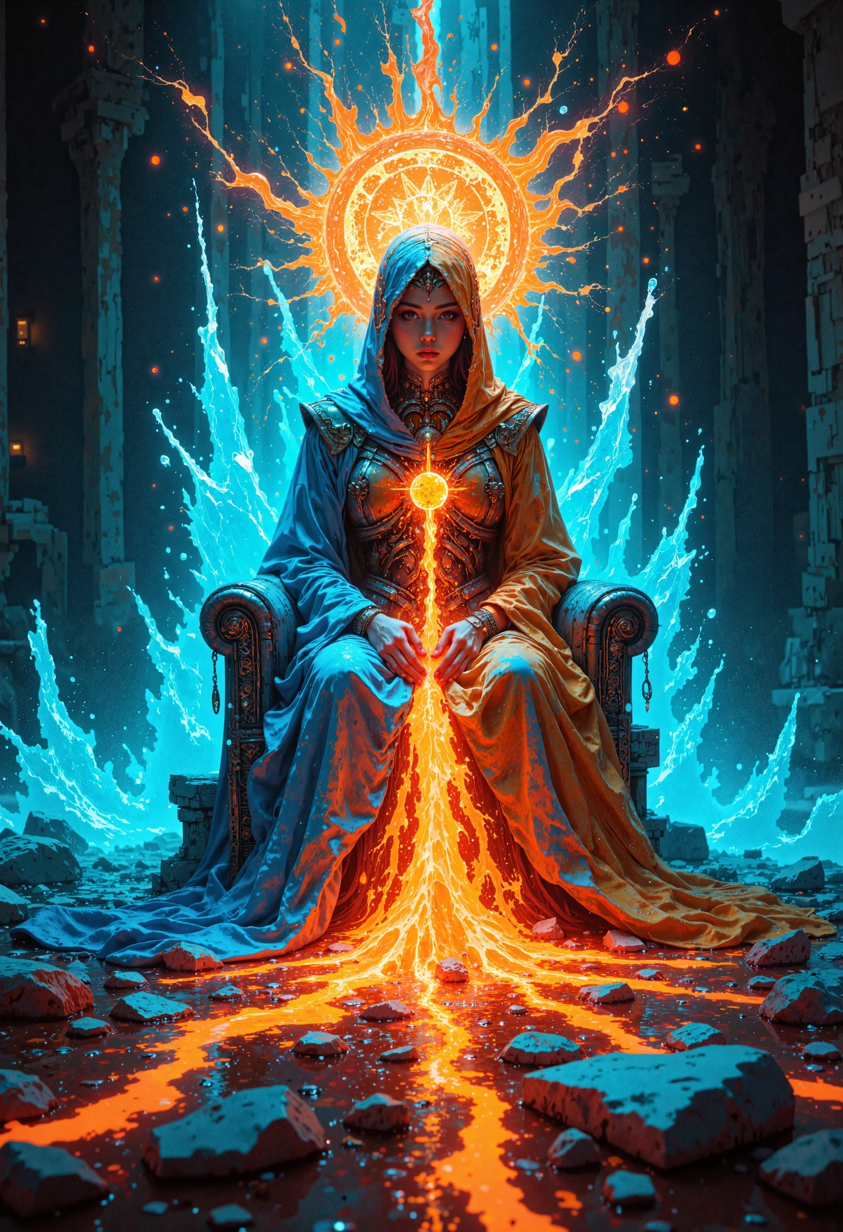 masterpiece, high-quality, A goddess of fire and ice sits atop a throne forged from a fusion of glowing magma and crystalline frost, her split robes flowing in dynamic patterns of orange flame and icy blue mist. The camera captures her from a dramatic, tilted perspective that emphasizes the sharp contrast between her fiery, molten crown and the frost-covered sigils that pulse faintly along her gown. Around her, the ground cracks and shifts, glowing with alternating waves of heat and cold, as jagged spikes of ice and fire erupt from the hyperdetailed terrain in perfect harmony, <lora:FLUX\FantasticalRealismV2:1.0>