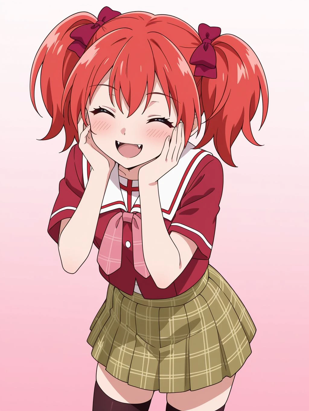 masterpiece, best quality, newest, absurdres, highres, detailed eyes, beautiful, detailed background, perfect eyes, anime coloring, anime screencap, 1girl, solo, shuzen kokoa, red hair, short hair, twintails, hair bow, green eyes, small breasts, school uniform, red shirt, short sleeves, white sailor collar, pink ribbon, plaid skirt, black thighhighs, hands on own face, blush sticks, closed eyes, smile, open mouth, fangs, (pink background, gradient background), <lora:kokoa_r2v_illus-05:0.8>