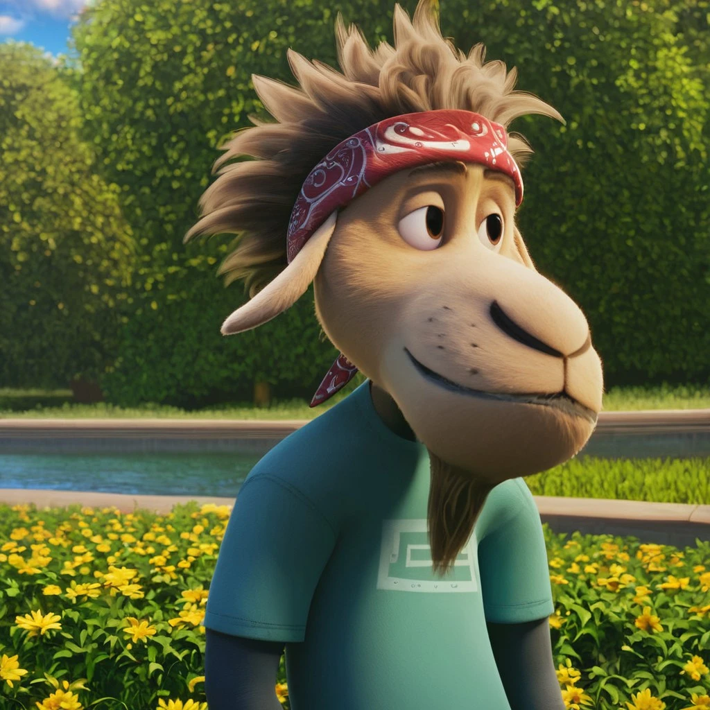 score_9, score_8_up, score_7_up, cartoon_style, ((by BodiPhantom)), 4k, 8k, The best quality, very well drawn, detailed, high quality, detailed, 4k, high resolution, high quality, high resolution, outdoors, furry character, SOLO, clearing, sun, flowers, clouds, river, stream,
rock dog, germur, furry, boy, a male goat, male goat with yellowish-brown fur, brown eyes and tousled light brown hair, he is wearing a turquoise T-shirt with a picture of a cassette tape over a darker long-sleeved shirt, blue jeans and a red bandana on his head,
She stands with her hands on her hips, kind, sweet, sexy, ultra detailed character, detailed face