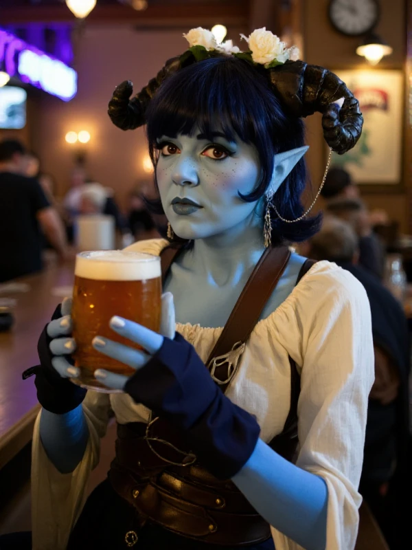 <lora:Jester_Lavorre:0.9> jester lavorre, a woman with a blue colored skin and pointy ears and horns. She holds a beer in a pub