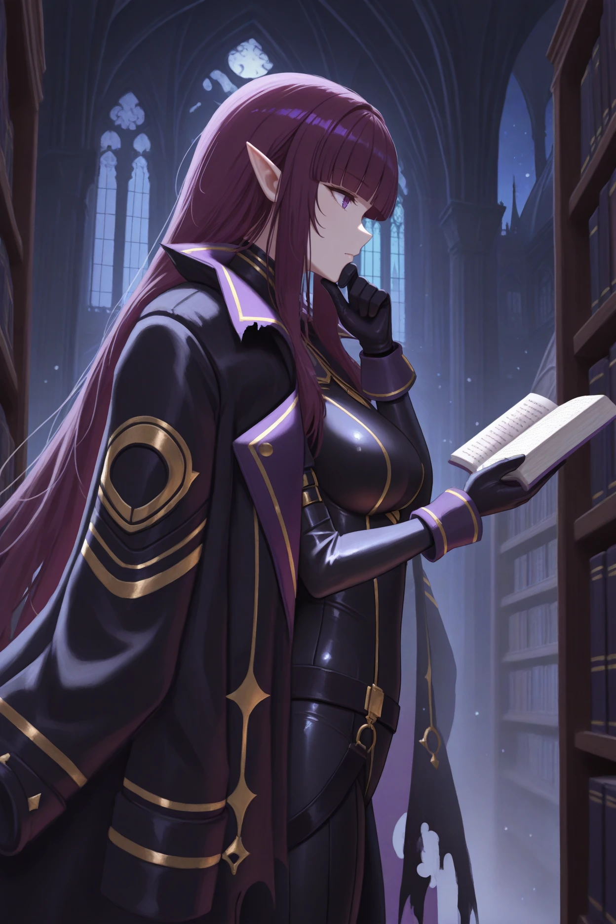 masterpiece, best quality, 1girl, solo, <lora:eta-illu-nvwls-v1-000006:1> sdeta, purple hair, blunt bangs, long hair, purple eyes, black coat on shoulders, torn coat, black bodysuit, gold trim, black gloves, black pants, reading book, from side, hand on own chin, bookshelf, library, gothic architecture, night, pointy ears
