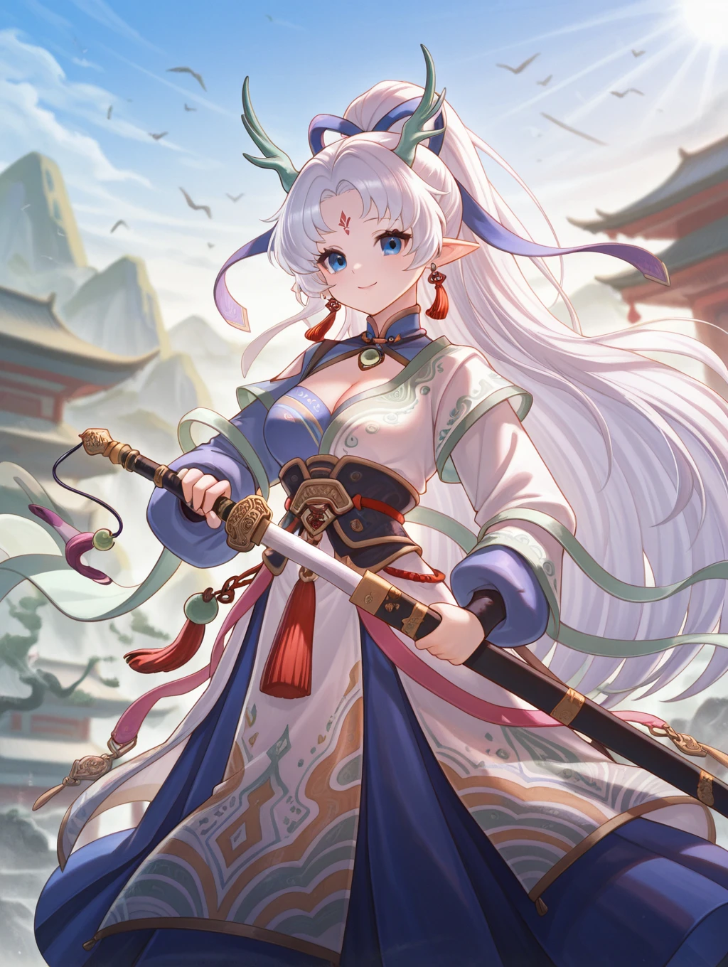 yun, 1girl, solo, long hair, smile, blue eyes, holding, cleavage, jewelry, medium breasts, very long hair, ponytail, weapon, white hair, earrings, horns, pointy ears, sword, holding weapon, clothing cutout, facial mark, holding sword, cleavage cutout, katana, sheath, tassel, forehead mark, unsheathing,
masterpiece, best quality,amazing quality, very aesthetic, absurdres, depth of field, blurry background, extremely detailed face, detailed eyes