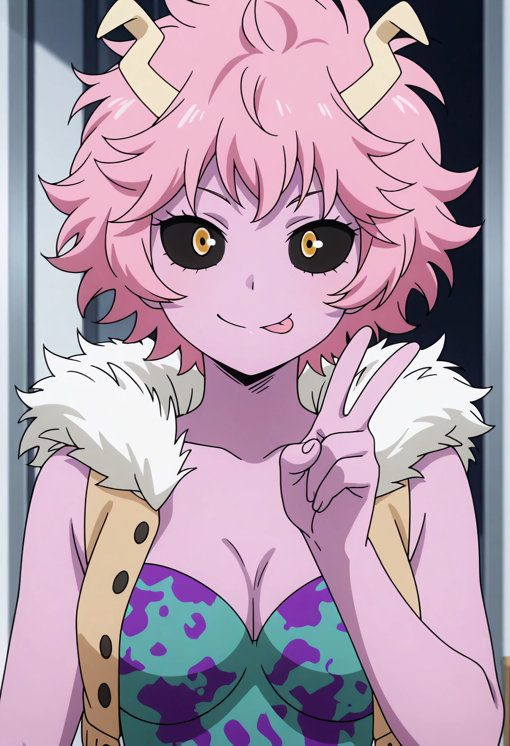 (extremely detailed CG unity 4k wallpaper),(masterpiece),(best quality),(ultra-detailed),(best illustration),(best shadow),(absurdres),(detailed background) <lora:OGT_Mina_Ashido-v1:1> Mina Ashido, ashido mina, 1girl, black sclera, pink skin, horns, pink hair, colored sclera, solo, unitard, breasts, yellow eyes, colored skin, cleavage, short hair, large breasts, bodysuit, outdoors, smile