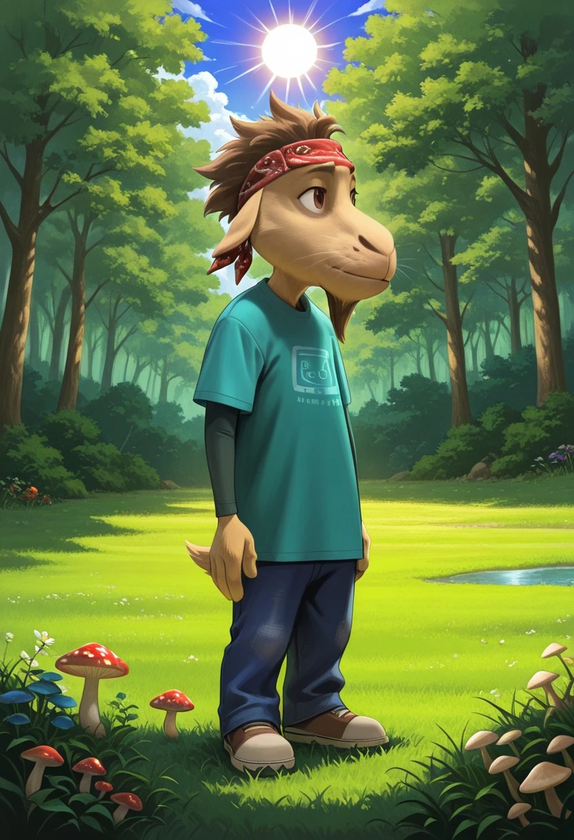score_8, score_9_up, BPHM, masterpiece, high budget, high quality, 16k, 8k, 4k,
(realistic), ultra high quality, character detail,
background detail, particles, (dust), ((colorful)),
smooth lines, 2D, character detail,
face detail, muzzle detail,
character focus, fur detail,
furry characters, furry, anthropodog,
detailed in detail, ultra detailed, SOLO,
BREAK
Posing against a forest, trees, sun, air, flowers,
(mushrooms), ((fly agarics)), grass, water, clouds, (rays),
BREAK
rock dog, germur, furry, boy, a male goat, male goat with yellowish-brown fur, brown eyes and tousled light brown hair, he is wearing a turquoise T-shirt with a picture of a cassette tape over a darker long-sleeved shirt, blue jeans and a red bandana on his head