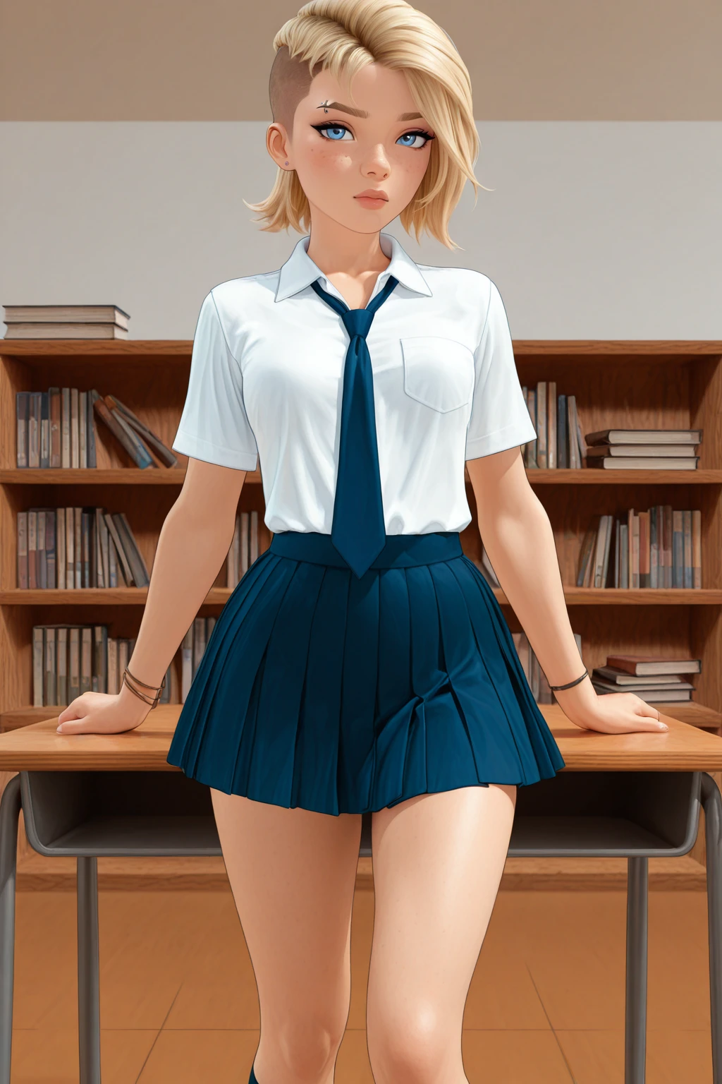 masterpiece, good quality, best quality, very awa, very as2, absurdres, highres , 3d
<lora:GwenomilluLoRA:1>short hair, freckles, undercut, eyebrow piercing, school uniform, necktie, skirt
<lora:80FantasyStyleilluLYCO:1> fantastyle, at school, desk, bookshelves