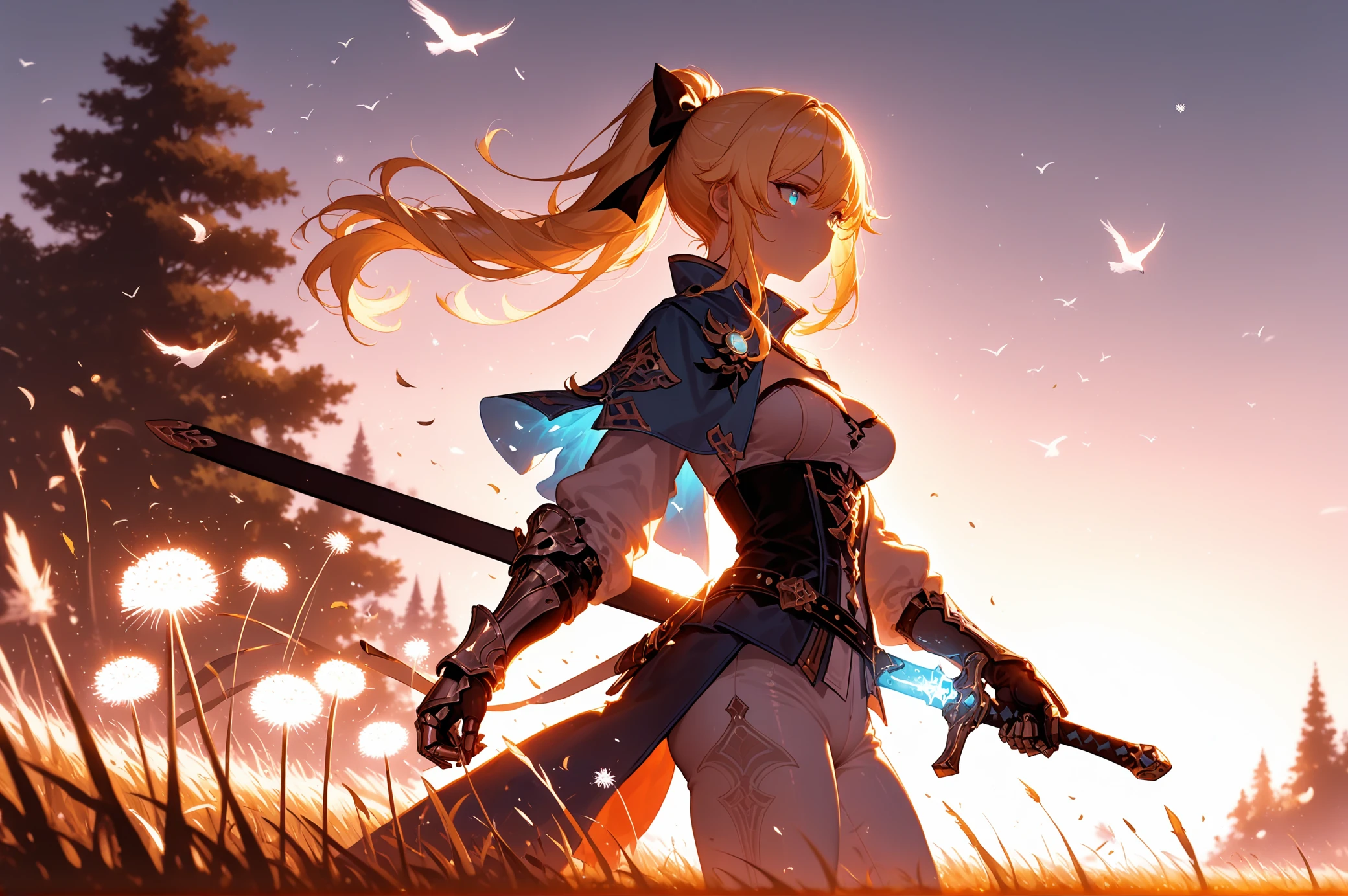 best quality,masterpiece,absurdres,newest,
<lora:sshfstyle_XL_PB:0.75>,
(soft lighting:1.1),(weaklight:1.3), (moody lighting, volumetric lighting),
1girl, solo, long hair, breasts, blue eyes, blonde hair, long sleeves, gloves, holding, bow, ribbon, hair between eyes, closed mouth, cleavage, medium breasts, standing, hair ribbon, ponytail, weapon, sidelocks, hair bow, outdoors, cowboy shot, sky, pants, belt, sword, holding weapon, from side, tree, black bow, floating hair, capelet, bird, glowing, holding sword, grass, high ponytail, wind, gauntlets, sheath, backlighting, high collar, white pants, tight clothes, looking afar, scabbard, unsheathing, blue capelet, tight pants, glowing weapon, coattails, holding sheath, glowing sword, dandelion, jean (genshin impact)
