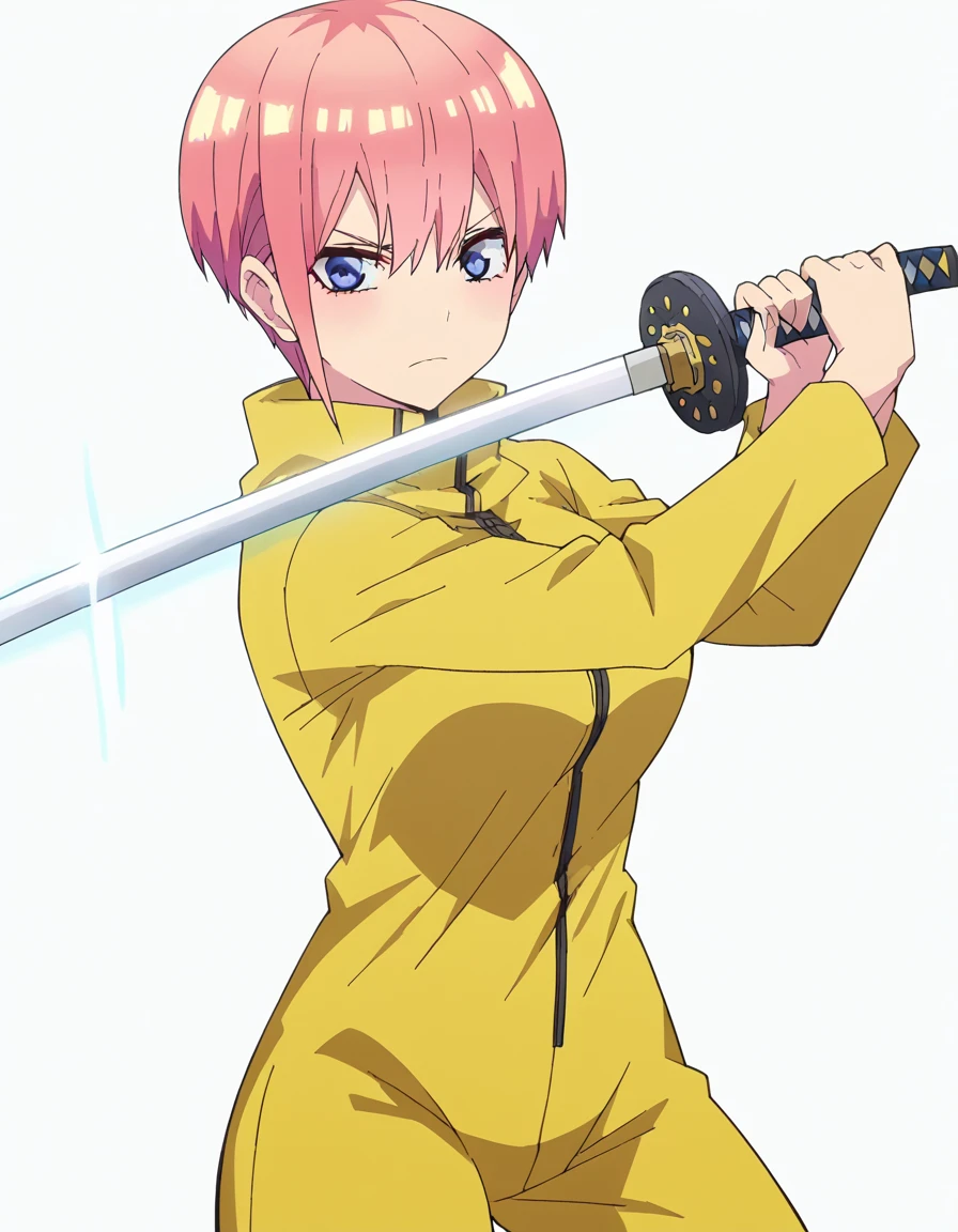 score_9, score_8_up, score_7_up, source_anime, <lora:ichika-nakano-s2-ponyxl-lora-nochekaiser:1>, ichika nakano, short hair, bangs, blue eyes, hair between eyes, pink hair, pixie cut, large breasts, anime screencap, <lora:sword-guard-stance-ponyxl-lora-nochekaiser:1>, sword guard stance, sword, weapon, solo, katana, holding, holding weapon, holding sword, looking at viewer,, jumpsuit, yellow jumpsuit, high collar, cowboy shot, pants,,