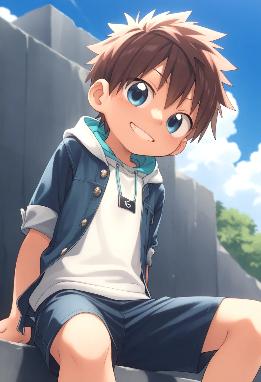 <lora:cutifiedanimecharacterdesign_variant_type_D_IL_v10:1>
type-d, solo, looking at viewer, smile, blue eyes, brown hair, shirt, 1boy, sitting, jacket, male focus, outdoors, sky, shorts, day, cloud, hood, mischievous grin, blue sky, hoodie, spiked hair,