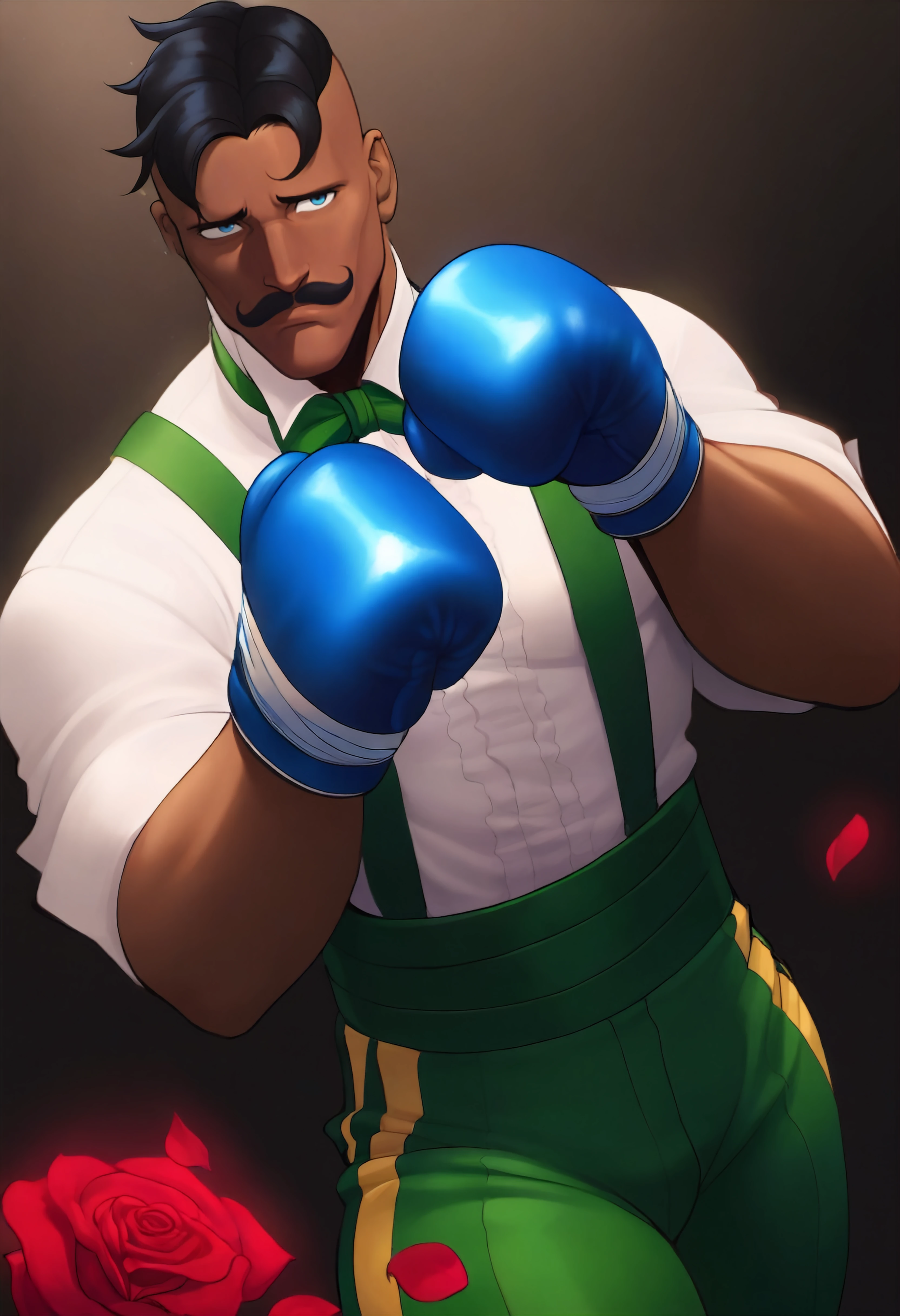 masterpiece, best quality, absurdres, 1boy,ddlyn11,mustache, dark-skinnned male, black hair, short hair, blue eyes, white shirt, collared shirt, green suspenders, green bowtie, blue gloves, boxing gloves, green pants, striped pants,rose,petals <lora:echosbr_n11:1> <lora:ddly_n11:0.8>
