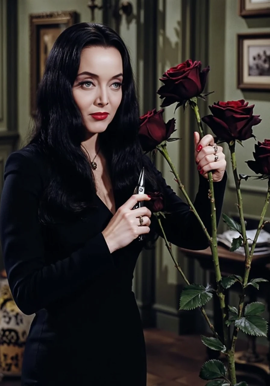 <lora:Flux_Fast_Lora:1> <lora:carolyn-jones-morticia-addams-flux-1d-lora:1> mortadd Morticia wearing an extremely tight fitting, long black evening gown stands in an gothic living room, holding secateurs in one hand as she trims the dead black roses from a display of six long thorny stems