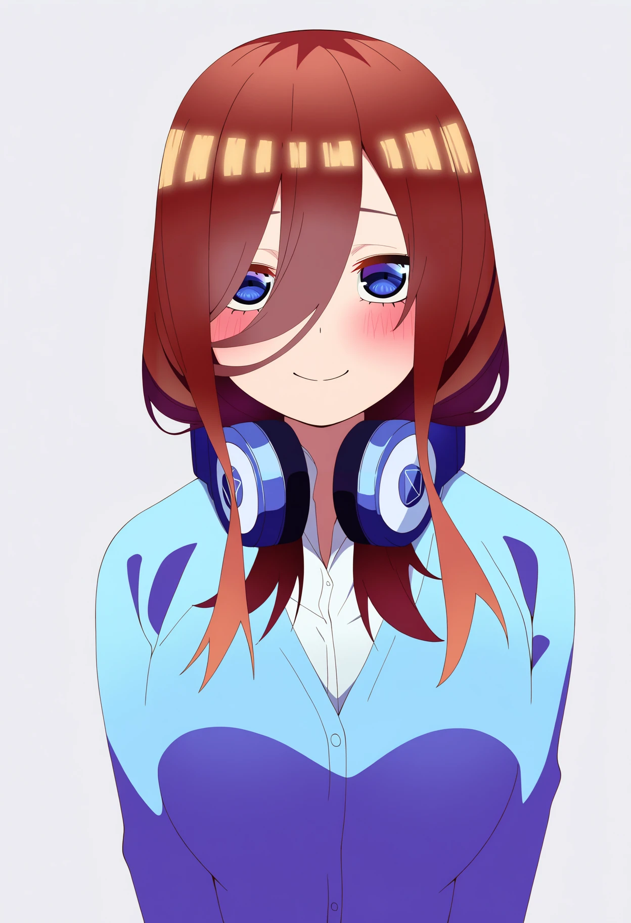 best quality, amazing quality, very aesthetic, absurdres,
1girl, nakano miku, brown hair, long hair, hair between eyes, blow eyes, bangs, 
headphones around neck, blue cardigan, long sleeves, collared shirt, 
blush, smile, upper body,
looking at viewer, solo, simple background, white background,    <lora:MikuNakanoNoobXL_byKonan:1>