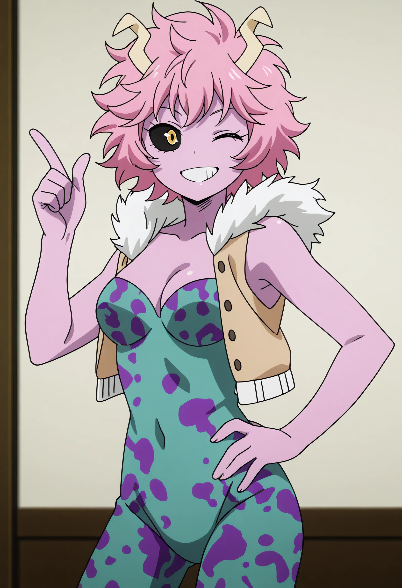 absurdres, masterpiece, best quality, very aesthetic, 1girl, m1n4, pink skin, colored skin, short hair, pink hair, black sclera, yellow eyes, horns, herooutfit, bodysuit, cropped jacket, sleeveless jacket, fur trim, cowboy shot, hand on own hip, index finger raised, looking at viewer, grin, one eye closed, anime screencap, <lora:Mina_Ashido-My_Hero_Academia-ilibibu-IL-v1:0.8>