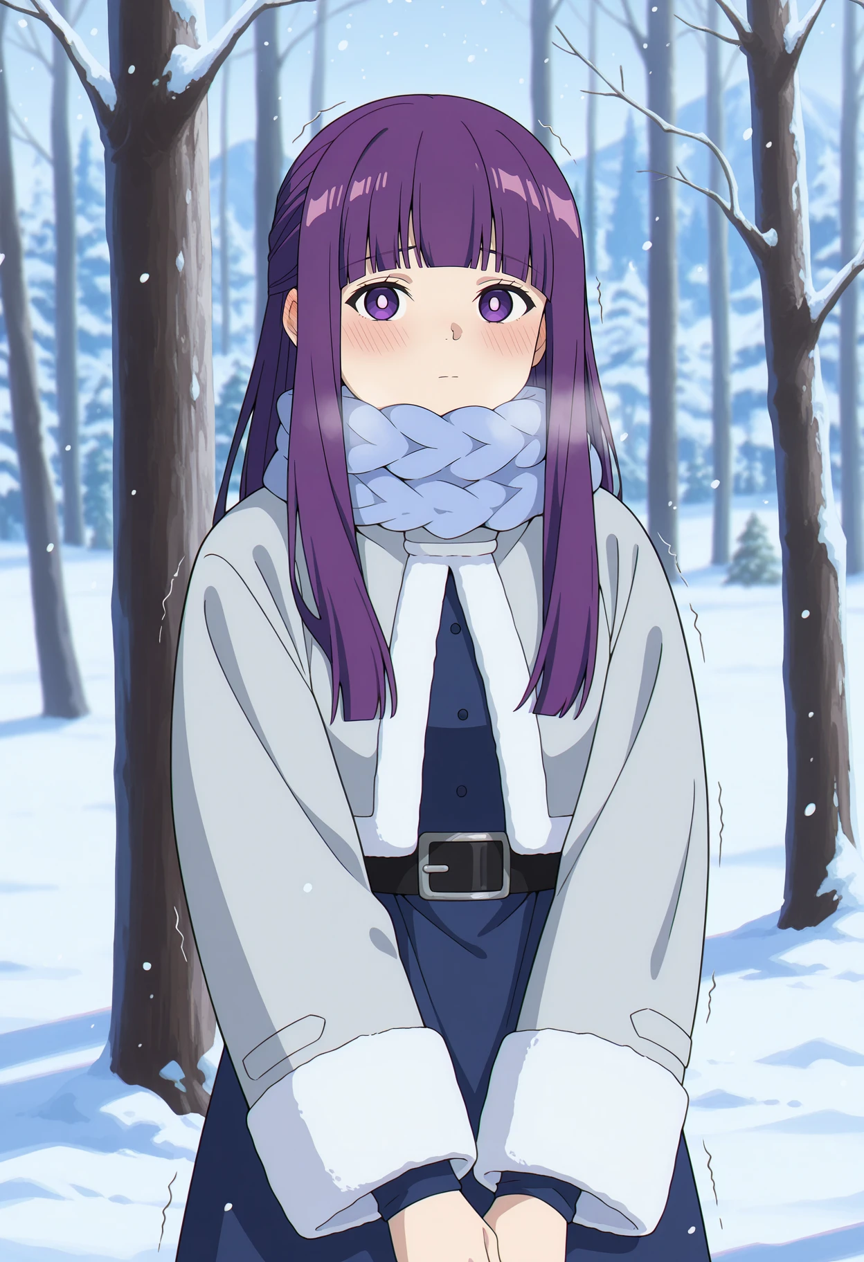 anime screencap, masterpiece, best quality,
<lora:SousouNoFrieren_Fern_IlluXL:0.9>,
1girl, solo, closed mouth, ear blush,
purple hair, long hair, purple eyes, bright pupils, blunt bangs,
FernWinter, blue scarf, winter coat, grey jacket, cropped jacket, blue dress, black belt,
standing, looking at the viewer, trembling, shiver lines,
forest, tree, winter, snow, snowing, blizzard, cold, nature, photo background, blurry background