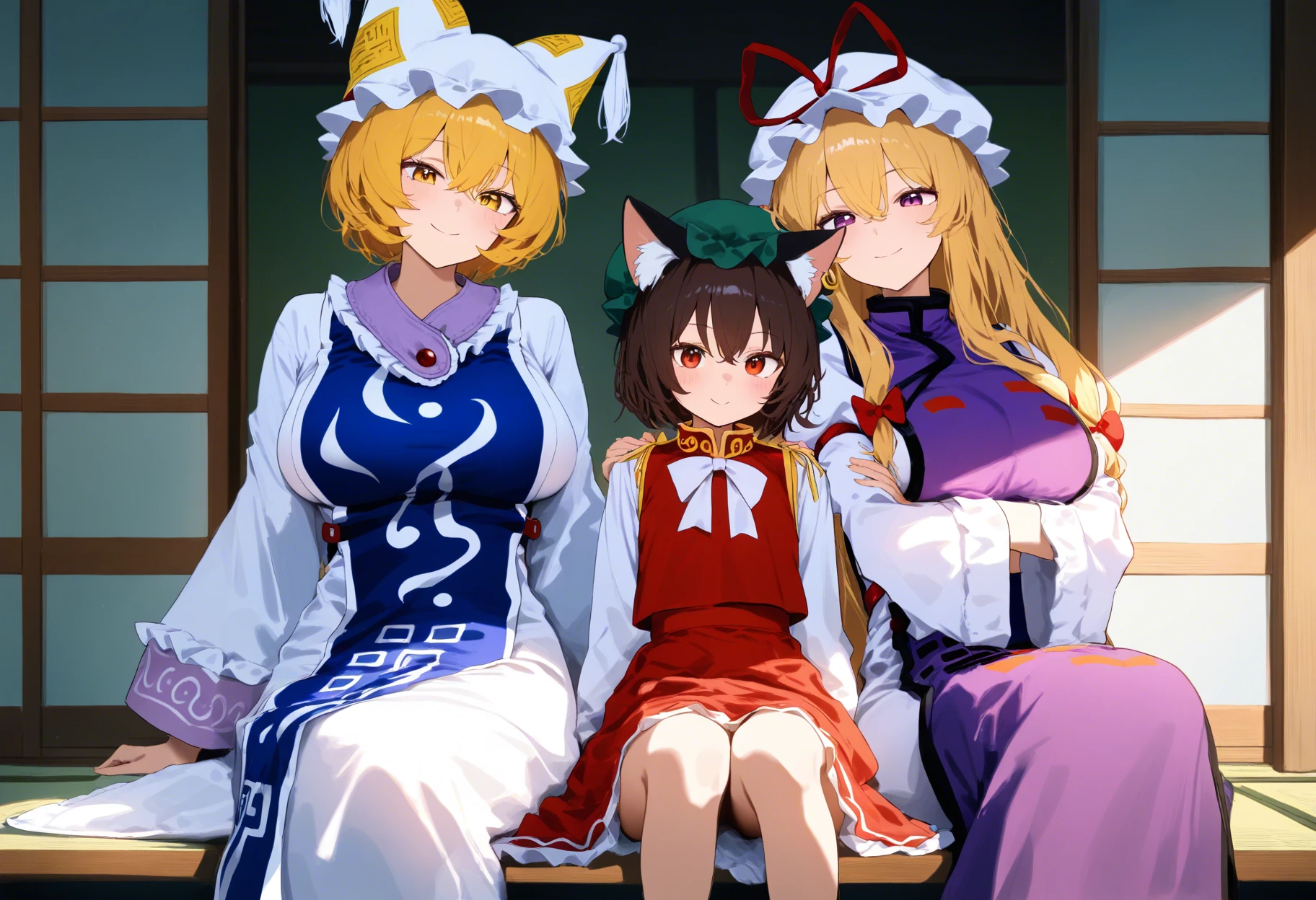 masterpiece, best quality, high score, great score, absurdres, 3girls, chen, yakumo ran, yakumo yukari, touhou, sitting, leaning on person, smile, tatami, sliding doors