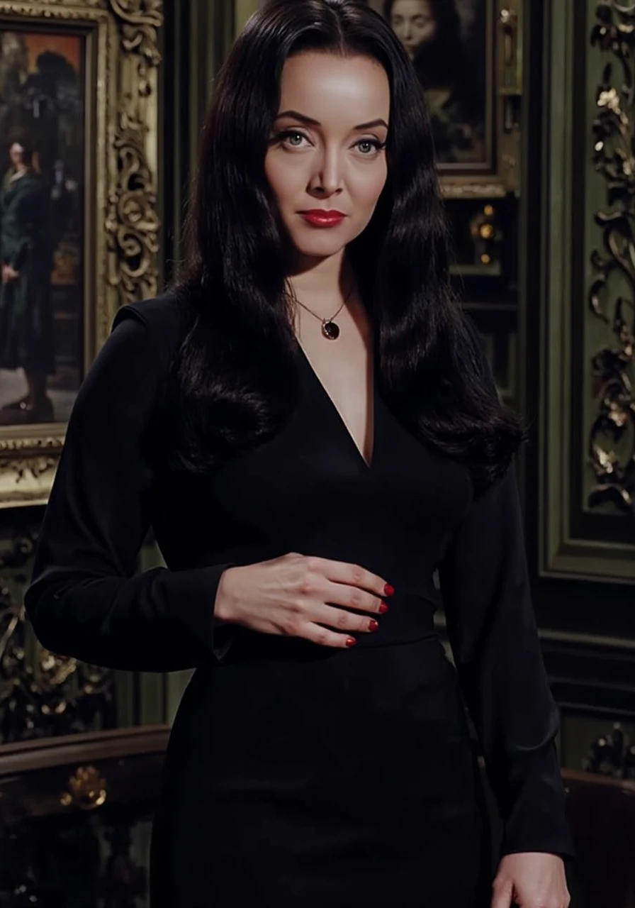 <lora:Flux_Fast_Lora:1> <lora:carolyn-jones-morticia-addams-flux-1d-lora:1> mortadd Morticia standing in a gothic smoking room, she is wearing a tight black chiffon evening gown