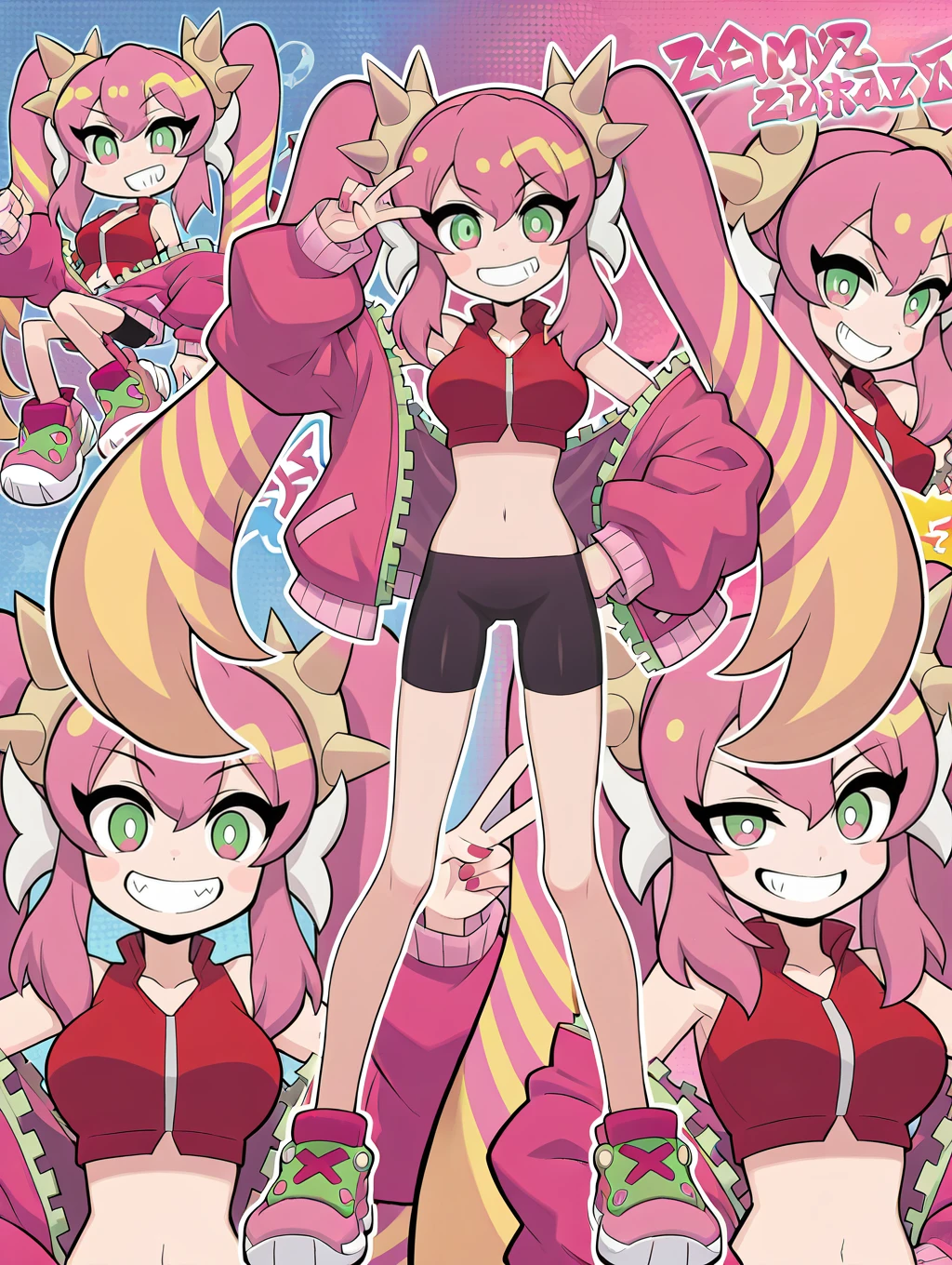 ka sikil, 1girl, smile, black bike shorts, navel, solo, looking at viewer, v, pink jacket, red cropped vest, multiple views, grin, teeth, pink sneakers, sidelocks, spiked hair ornament, official art, parody
masterpiece,best quality,amazing quality,very aesthetic,absurdres,newest,<lora:Live Twin Ki-sikil & Lil-la illuXL v4:0.7>,