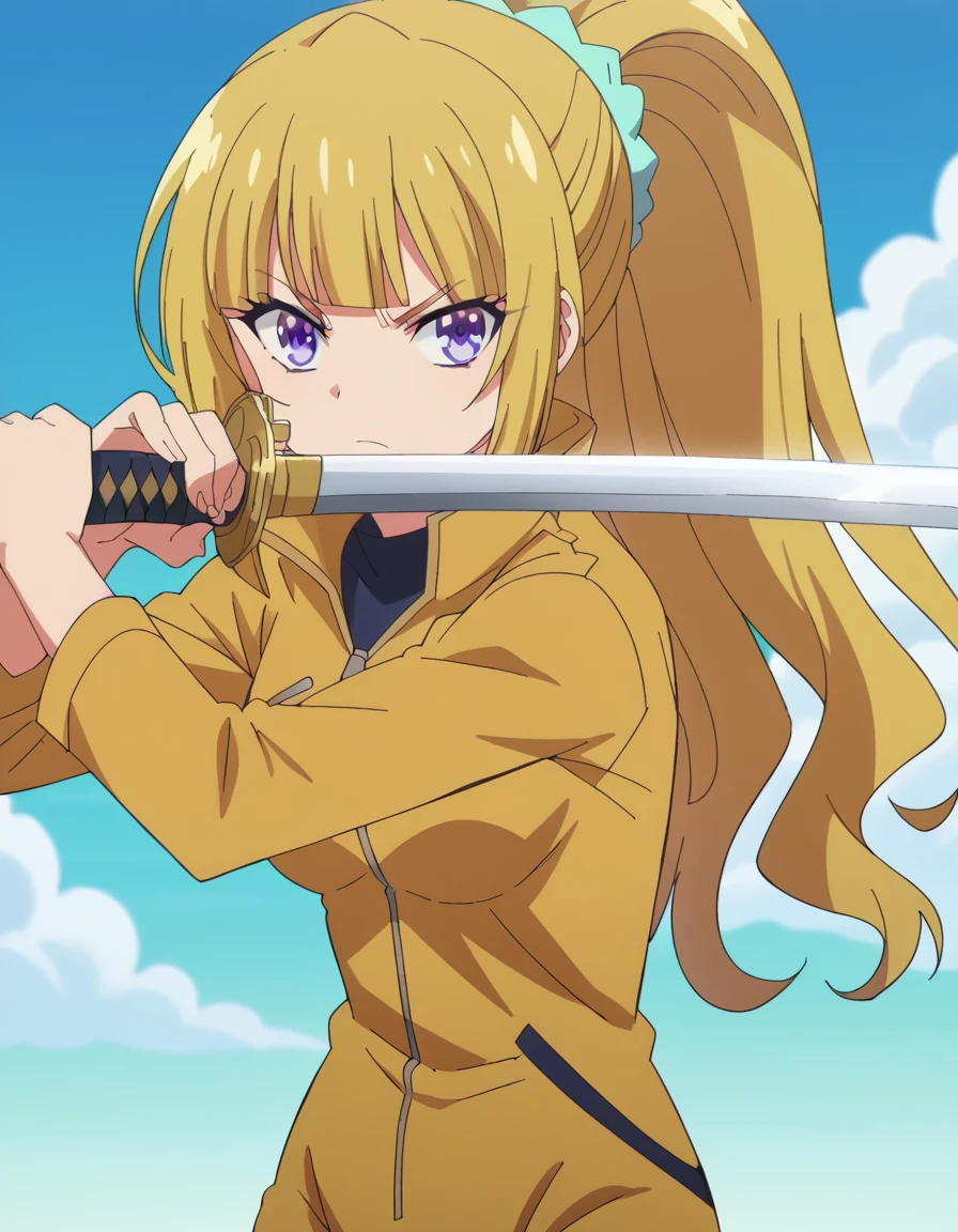 score_9, score_8_up, score_7_up, source_anime, <lora:kei-karuizawa-anime-s2-ponyxl-lora-nochekaiser:1>, kei karuizawa, long hair, bangs, blunt bangs, purple eyes, blonde hair, hair ornament, ponytail, scrunchie, blue scrunchie, medium breasts, anime screencap, <lora:sword-guard-stance-ponyxl-lora-nochekaiser:1>, sword guard stance, sword, weapon, solo, katana, holding, holding weapon, holding sword, looking at viewer,, jumpsuit, yellow jumpsuit, high collar, cowboy shot, pants,,