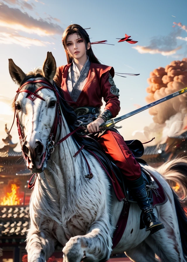 è§è²ï¼<lora:buliangren_nvdi1:0.92>
è§è²éå®ï¼nvdi, (qiwang:1.6), qiwang, nvdi, The image is a digital illustration of a woman riding a white horse. The woman is wearing a traditional Chinese outfit with a red and gold color scheme. She has long dark hair and is holding a sword in her right hand. The horse is galloping forward with its mane and tail flowing in the wind. The background is filled with red and orange flames and smoke, creating a dramatic and powerful atmosphere. The overall mood of the image is intense and dramatic.
å¨ä½ï¼
头åï¼black_eyes,black hair,
ç¼ç¥è¡¨æ
ï¼ (looking at viewer:1.54),(smile),detailed eyes,
æé¥°ï¼
身æ: (beautiful_face:1.5),narrow waist, long legs,large breasts,
ç«è³ª: official art,extremely detailed CG unity 8k wallpaper, perfect lighting,Colorful, Bright_Front_face_Lighting, (masterpiece:1.0),(best_quality:1.0), ultra high res,4K,ultra-detailed, photography, 8K, HDR, highres, absurdres:1.2, Kodak portra 400, film grain, blurry background, bokeh:1.2, lens flare, (vibrant_color:1.2),
<lora:NM_æé¨æ¹åå¨_1.0:0.35> <lora:more_details:0.5> <lora:epi_noiseoffset2:1> <lora:QYpifuV1:0.9>