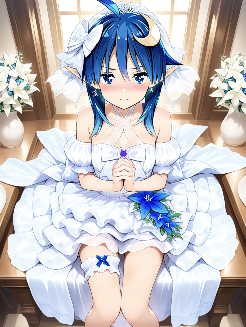 1boy, solo, masterpiece, best quality, absurdres, cute, extremely detailed face, perfect lighting,  <lora:hacka_doll_3:0.8>, hacka doll 3, very long hair, blue hair, purple eyes, hair ornament, headphone, wedding dress, garter straps, bridal veil, elbow glove, penis in panties, blush,