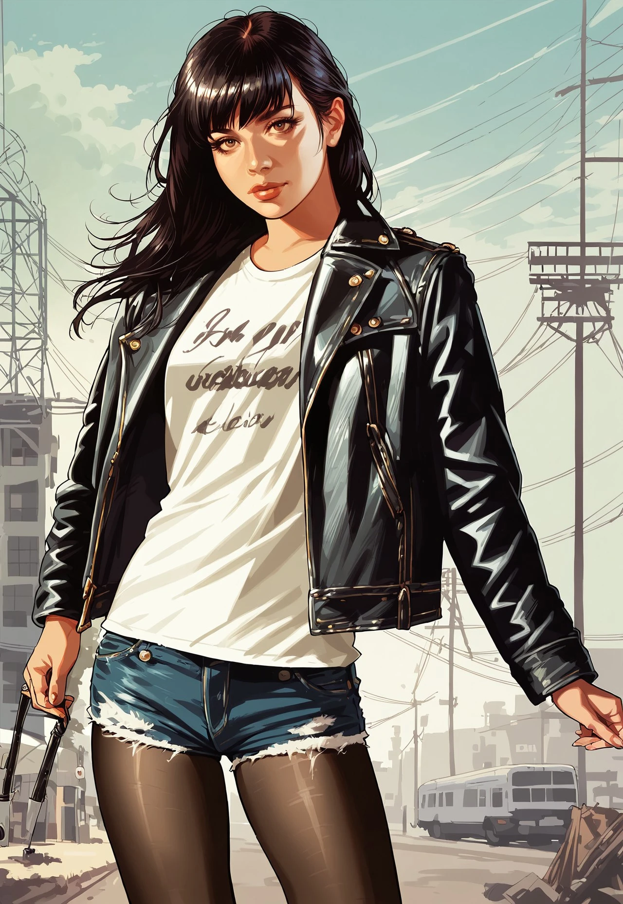 safe_pos, score_9, score_8_up, score_7_up, score_6_up, BREAK
,s1_dram ,((((lightskin girl, young, low cut shirt, jean shorts, pantyhose, leather boots, leather jacket,cinematography, bangs, ironed straight hair, long hair, black hair, young))))Riders, shading, looking at viewer, close up, no background, moody,gta5, realistic, sexy, cinematography