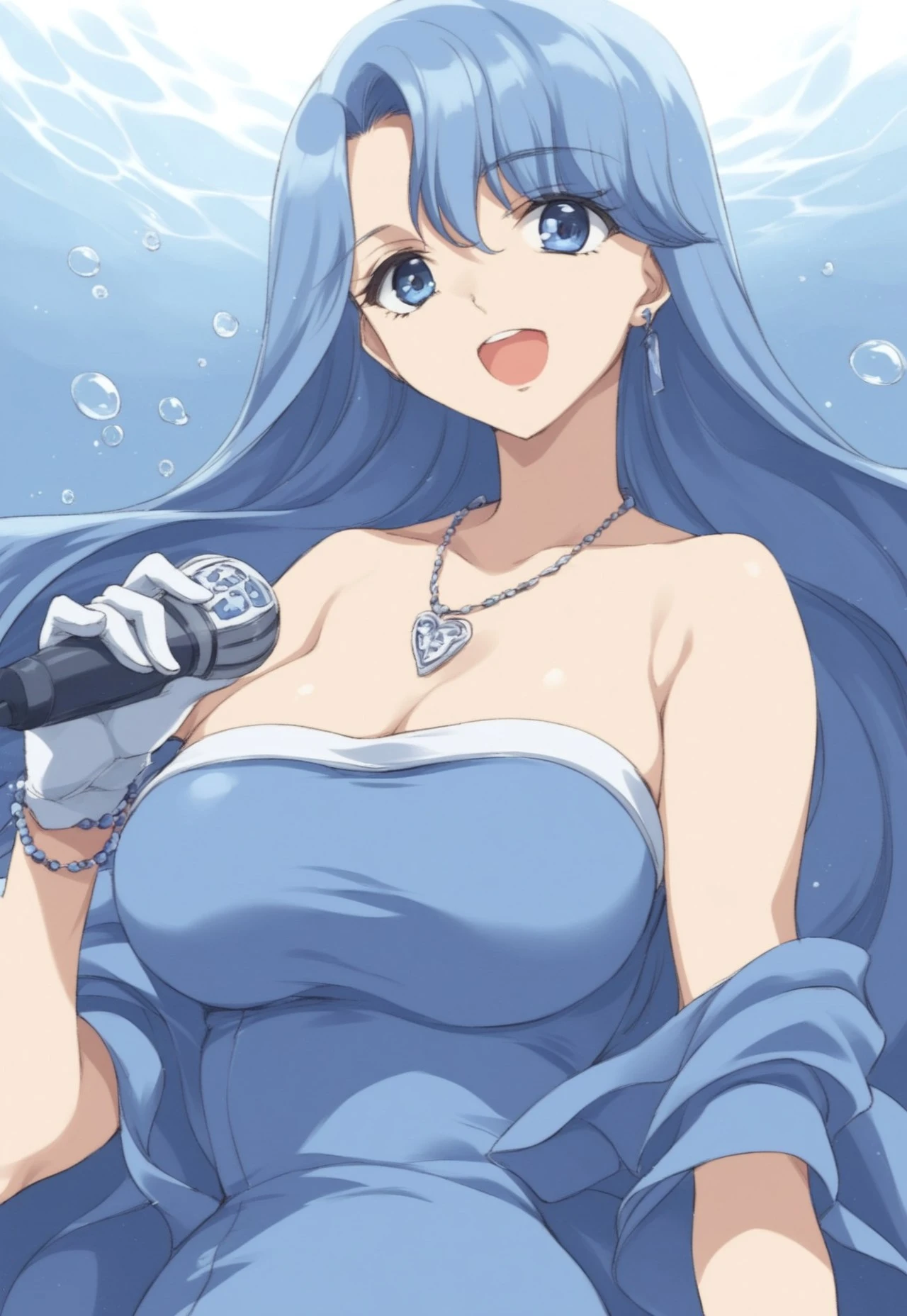 safe_pos, score_9,score_8_up,score_7_up, source_anime, 1girl, solo, noel, blue hair, long hair, blue eyes, tight dress, white gloves, off shoulder, bare shoulder, shell necklace, wrist jewelry, holding microphone, singing, big breasts, standing, sexy body, well-balanced body, looking at viewer, from front, front view, close up portrait, deep sea, underwater, under water, bubbles