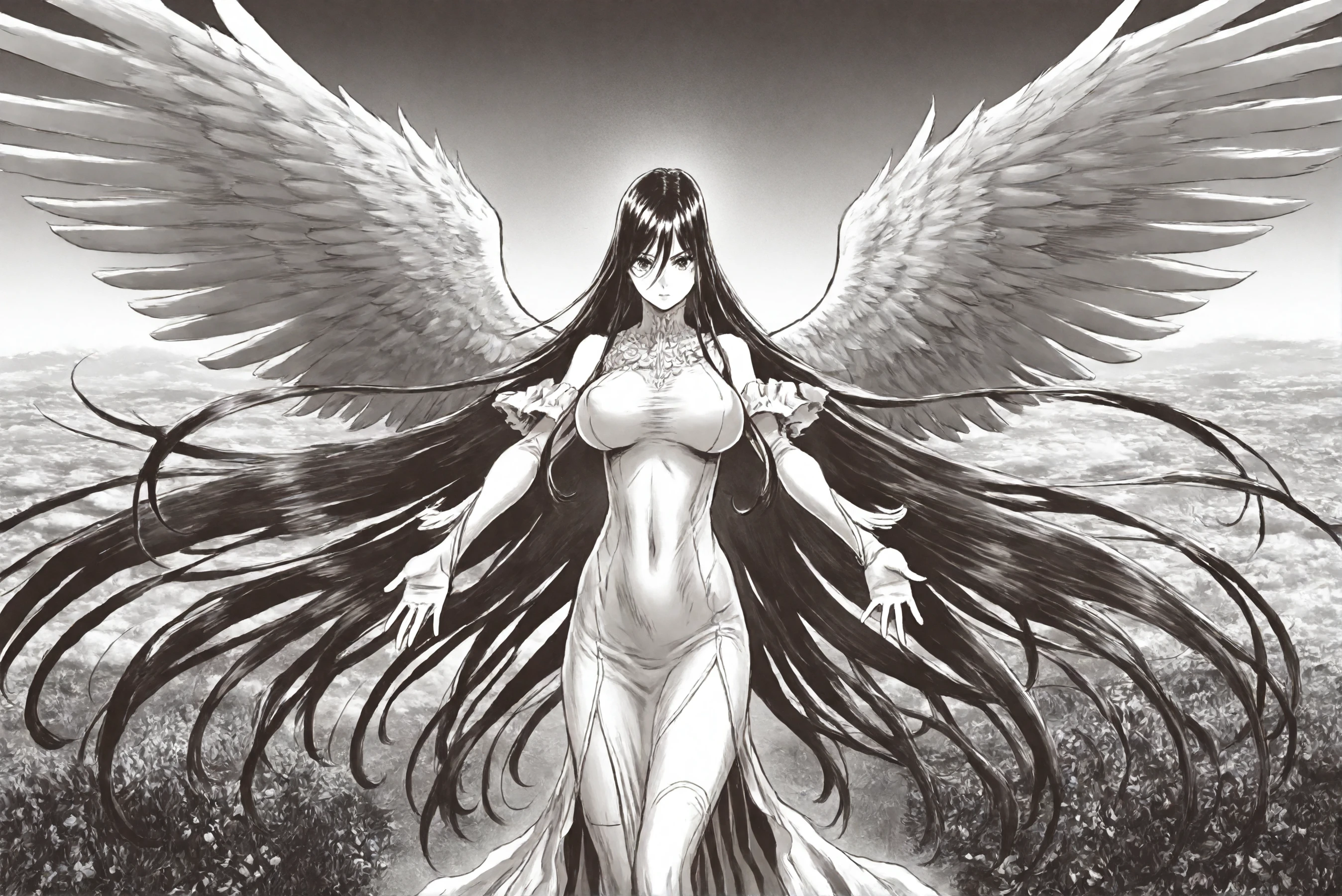 <lora:Misa_Suzuhara_Pony:0.4> , misa suzuhara, long hair, black hair, very long hair, hair between eyes, perky breast, gloves, dress, detached sleeves, white dress, covered navel, wings, angel wings, angel, multiple wings, symmetrical angel wings, 1girl, solo, alone, <lora:yusuke_murata_scenery_illustriousXL-000021:1>, yusuke_murata_scenery, scenery, monochrome, greyscale, masterpiece, highres