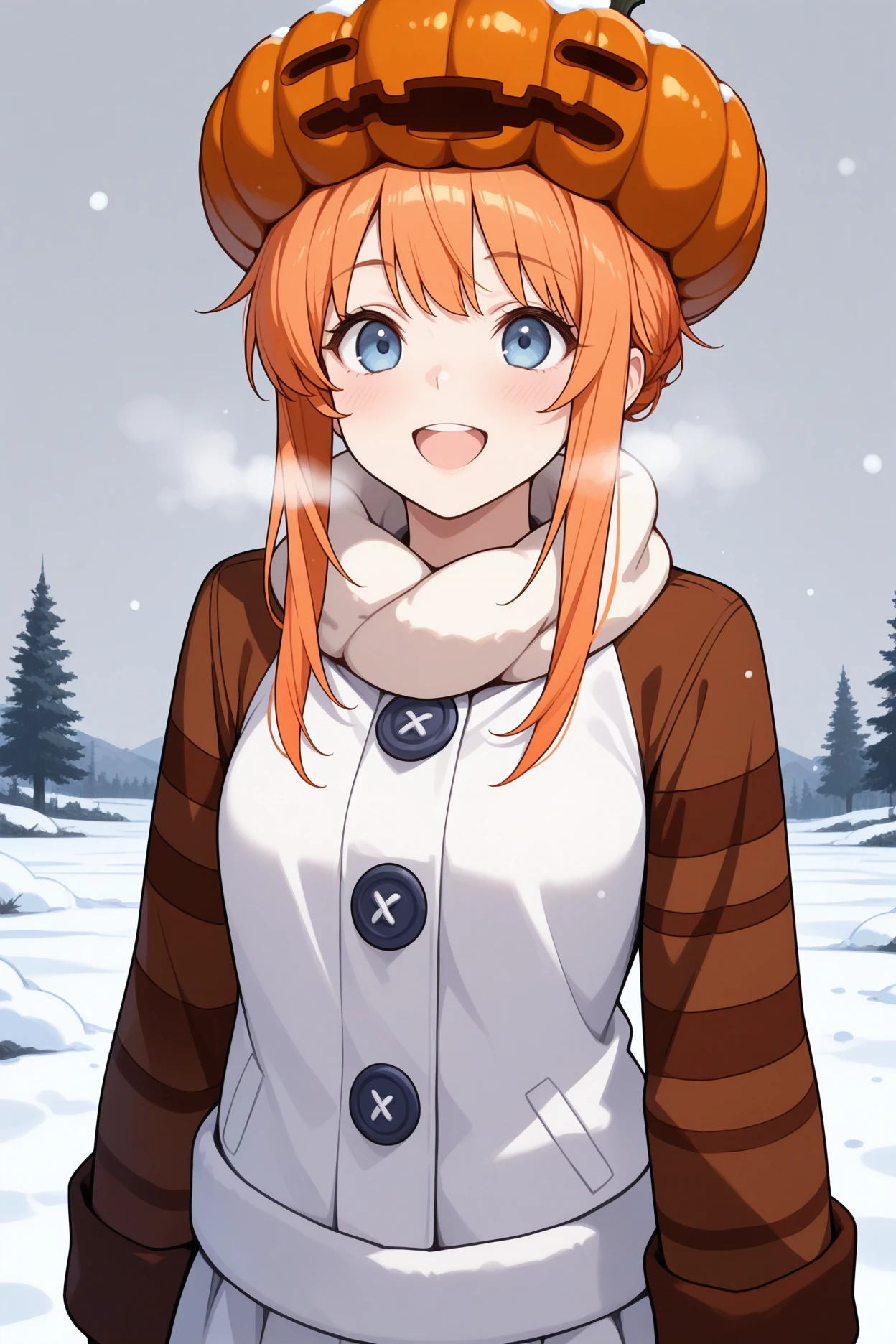 masterpiece, best quality, 1girl, solo <lora:snowgolem-illu-nvwls-v1-000006:1> mtsnoglm, pumpkin hat, orange hair, sidelocks, blue eyes, white coat, white collar, orange sleeves, buttons, white skirt, happy, upper body, snow, grey sky, field