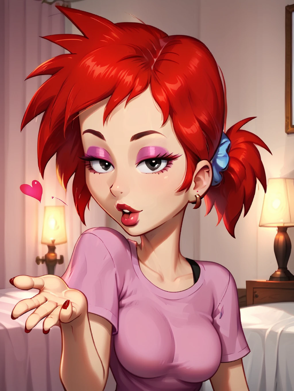 score_7, score_8, score_9, detailed background,ultra high detailed,(toon (style):1.2),high detailed character,inside,bedroom,facing viewer,seductive,hand extended,standing,lights,looking at viewer,,ultra high detailed,masterpiece, BREAK Solo, 1girl,female,seductive eyes,long eyelashes,half closed eyes, ,pink glitter eyeshadow,makeup,breast press,,short sleeves,red earstuds,square nails,perfect nails,close-up, <lora:rita:1> rita, red hair, narrow waist, 1girl, toon (style), flat color, medium breasts, black eyes, long eyelashes, rita hair, short ponytail, (red lips:0.8),pink shirt, blue scrunchie, open mouth,bedroom eyes, <lora:Expressive_H:0.65> <lora:incase-ilff-v3-4:0.5> <lora:princess_xl_v1:1>, <lora:g4n1m3XLP:1> g4n1m3, <lora:frieren_blowing_a_kiss_pony:0.6> blowing kiss,heart,arm up,perfect hands,perfect hair,