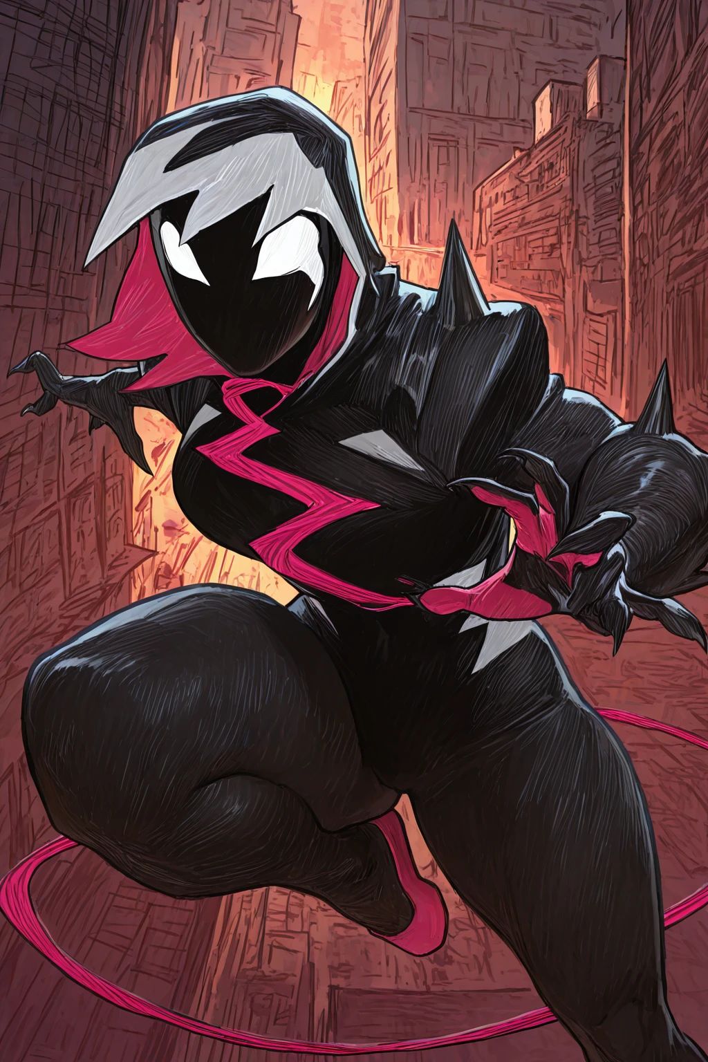 masterpiece, good quality, best quality, very awa, very as2, absurdres, highres 
<lora:GwenomilluLoRA:1>Gwnom, mask, white eyes, spikes, faceless, no mouth,hood up, black bodysuit, hooded bodysuit, long tongue, ballet slippers, claws, sharp teeth, superhero pose, city at night
