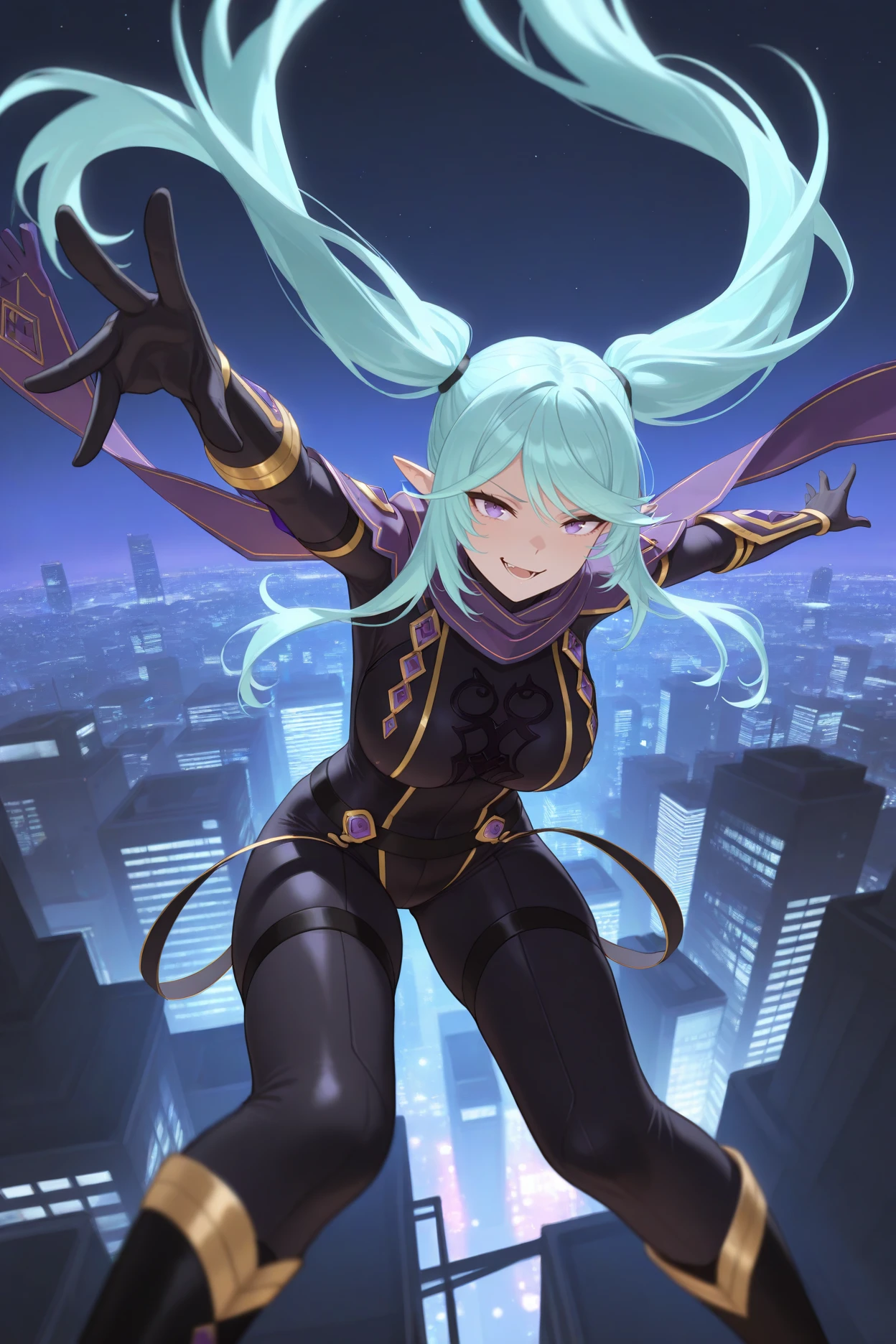 masterpiece, best quality, 1girl, solo, <lora:epsilon-illu-nvwls-v1-000007:1> epsil0n, pointy ears, very long hair, sidelocks, aqua hair, twintails, purple scarf, black bodysuit, gold trim, black gloves, thigh straps, black boots, large breasts, falling, cityscape, night sky, open arms, smirk, open mouth, hdr, looking at viewer, dynamic pose