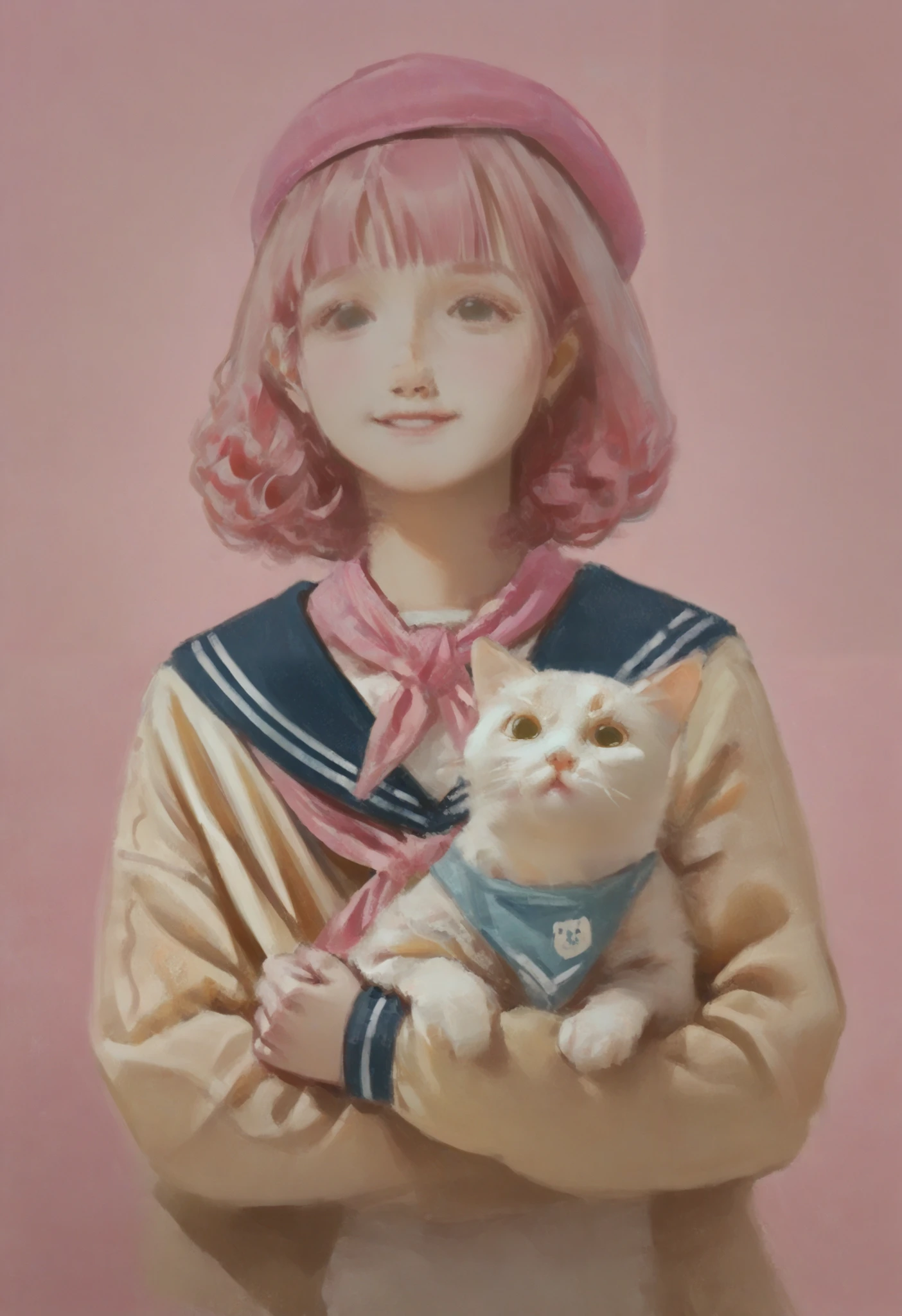1girl, solo, pink hair, curly hair, short bangs, bob cut, pink beret, serafuku, pink neckerchief, holding cat, hugging object, white cat, :o, looking at viewer, pink background, realistic,
masterpiece, best quality, amazing quality, absurdres, newest,
<lora:fuenze:1>