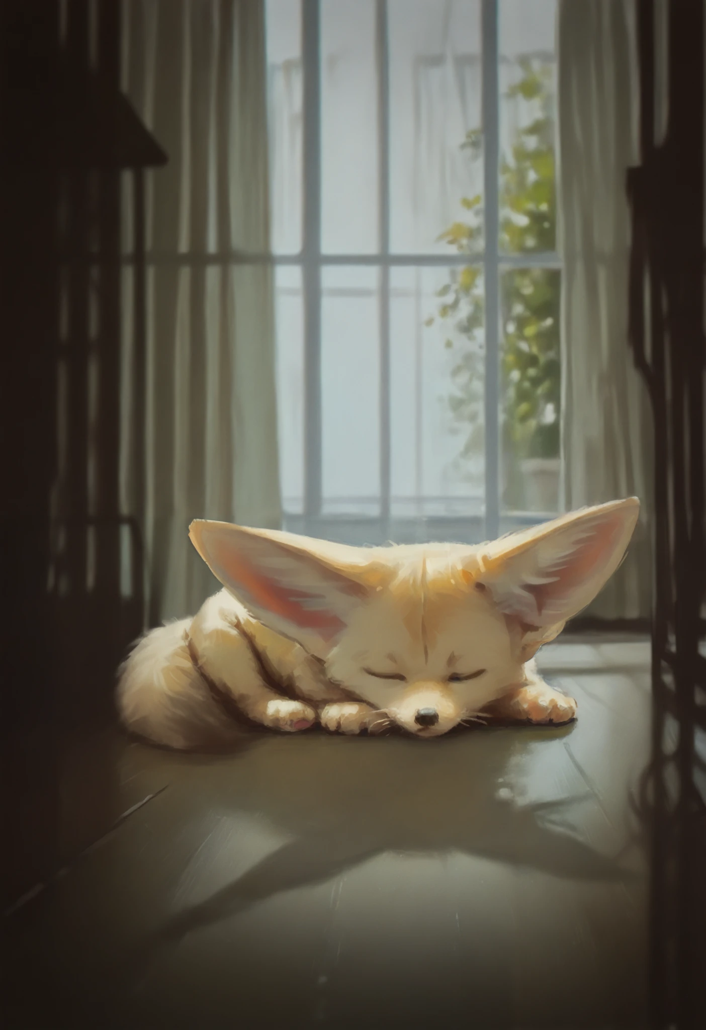 no humans,curtains,indoors,(wide shot:1.2),window,shadow,reflection,fennec,animal,lying,sleeping,
depth of field,
masterpiece, best quality, amazing quality, absurdres, newest, realistic, painting \(medium\),
<lora:fuenze:1>,
<lora:lora:0.5>