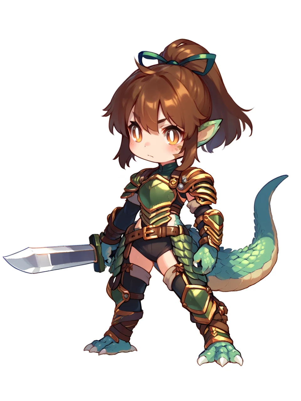 <lora:MGE_Lizard-PONY:0.8> mgelizardgirl, monster girl, scales, lizard tail, animal hands, ponytail, brown hair, hair ribbon, shoulder armor, elbow gloves, belt, tassets, thighhighs, holding sword, chibi, full body, white background, score_9, score_8_up, score_7_up, score_6_up,