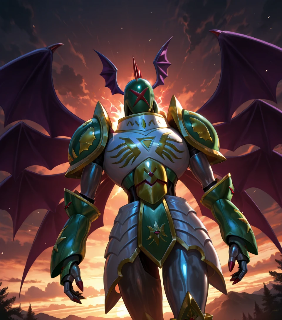 <lora:Shadowseraphimon_(Digimon)_(Illustrious)_(AD):1> Shadowseraphimon, Digimon, faceless,
purple bat wings, red feathered plumed helmet, purple bat winged helmet, green helmet, large pauldrons, white armor with green and yellow and red details,
((5 pairs of wings, solo, clouds, evil sunset, dark anime clouds, nature, scenery, dutch angle, evil, villain, soft detailed anime background, cowboy shot, deep metallic colors, shoulder focus, eyeless, noface, walking toward the viewer with a powerful commanding gait, glowing body, radiant glow, hyper glossy polished metal armor, )),
EZRealPONYXL, zPDXL, zPDXLxxx, Smooth Quality,