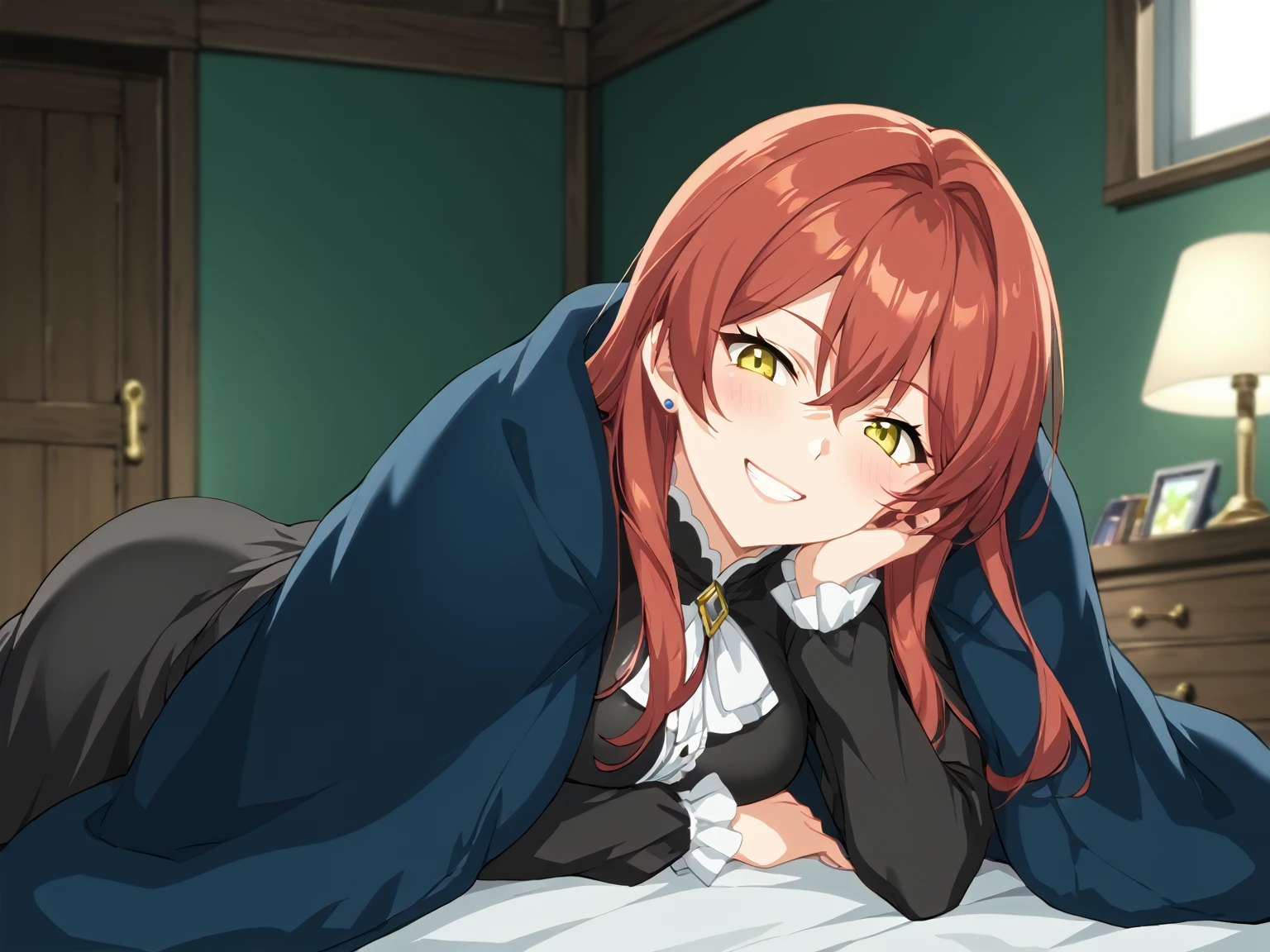 score_9, score_8_up, score_7_up, score_6_up, source_anime, anime screencap, blnkt, blanket, sfw, 1girl, black clothes, solo, beneath blanket pov, open blanket, lying with blanket, lying, black blanket, red hair, long hair, yellow eyes, mature, aroused, grin, blush, indoors, (portrait), detailed background, Hyperdetailed, Extreme Detail, 4K Resolution, Masterpiece, Best Quality <lora:Wrapped_In_A_Blanket_-_RealmRabbit:1.6>