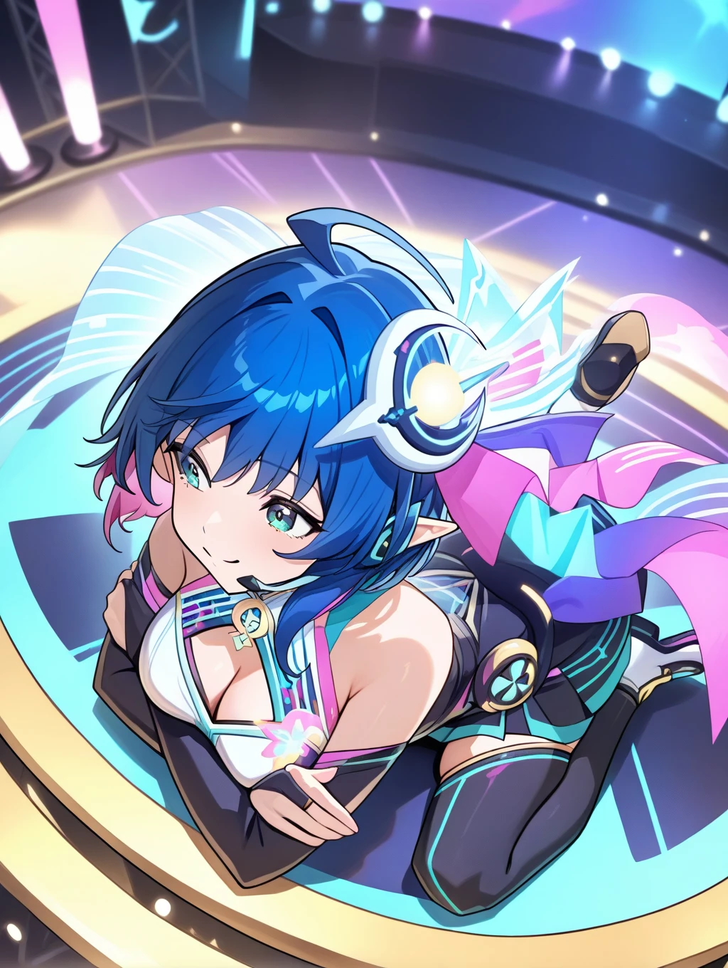 perfect quality,best quality,absolutely eye-catching,ambient occlusion,raytracing BREAK
1girl,<lora:rena utahime IL v1.1:0.9>,utahime,blue hair,hair ornament,pointy ears,cleavage cutout,detached sleeves,asymmetrical legwear,headset,stage,stage lights,, from above,close-up,prone_bone,cat_pose,crossed_arms,sitting_backwards,