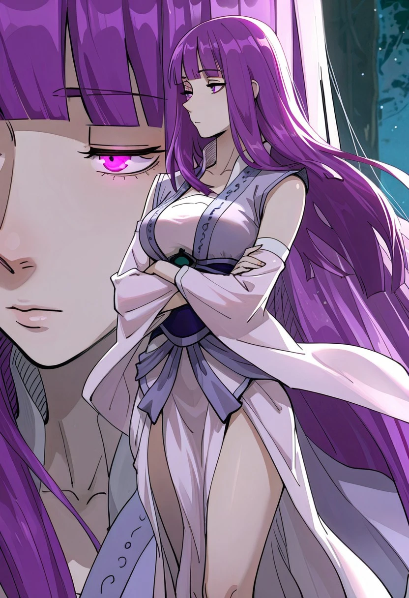 masterpiece, best quality, amazing quality, absurdres, highres,
yeziyun, 1girl, lavender eyes, purple hair, long hair, bangs, blunt bangs, breasts, slender, cute, detached sleeves, sash,
dim lighting, glowing theme, wind, sexy, outdoors, dim light, strong will, still, arms crossed under breasts, long legs, half closed eyes, pensive, light particles, half close up, looking away, side view