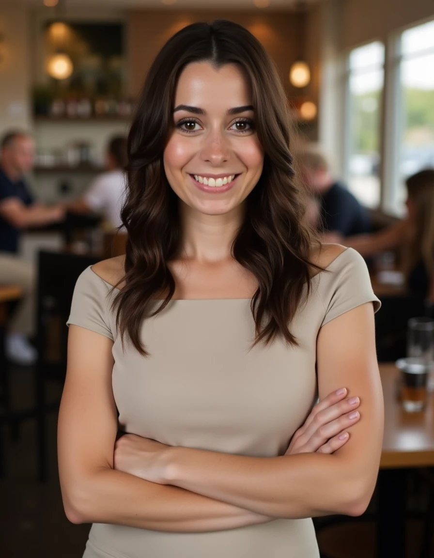<lora:Cristin_Milioti_Flux:1> This is a high-resolution photograph of a woman, smile, hair cascading over her shoulders. Wearing a boatneck dress, Standing in a cafe. Looking at the viewer.