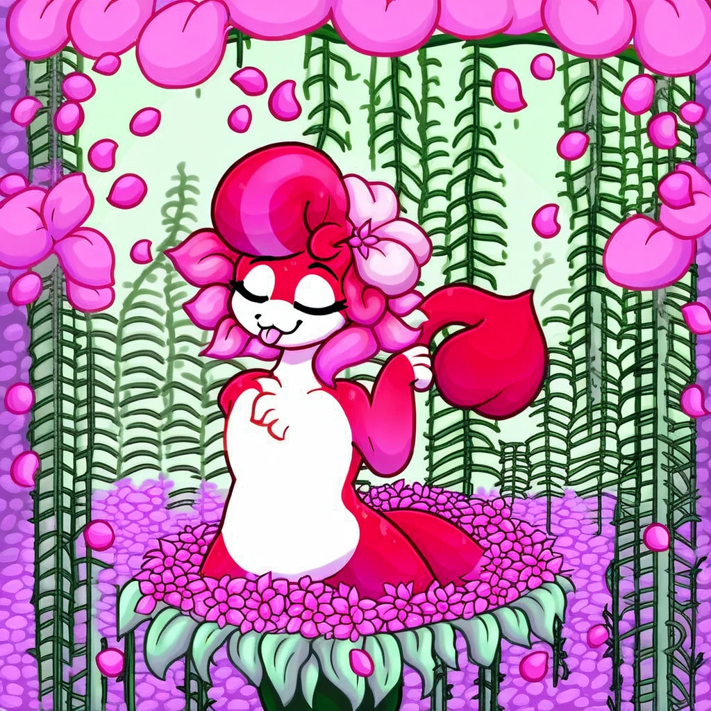 aalii slime girl whom is vivid red and red-pink with splashes of white and dressed in Hawaiian-like leaf outfit in a tropical forest in whimsical art style