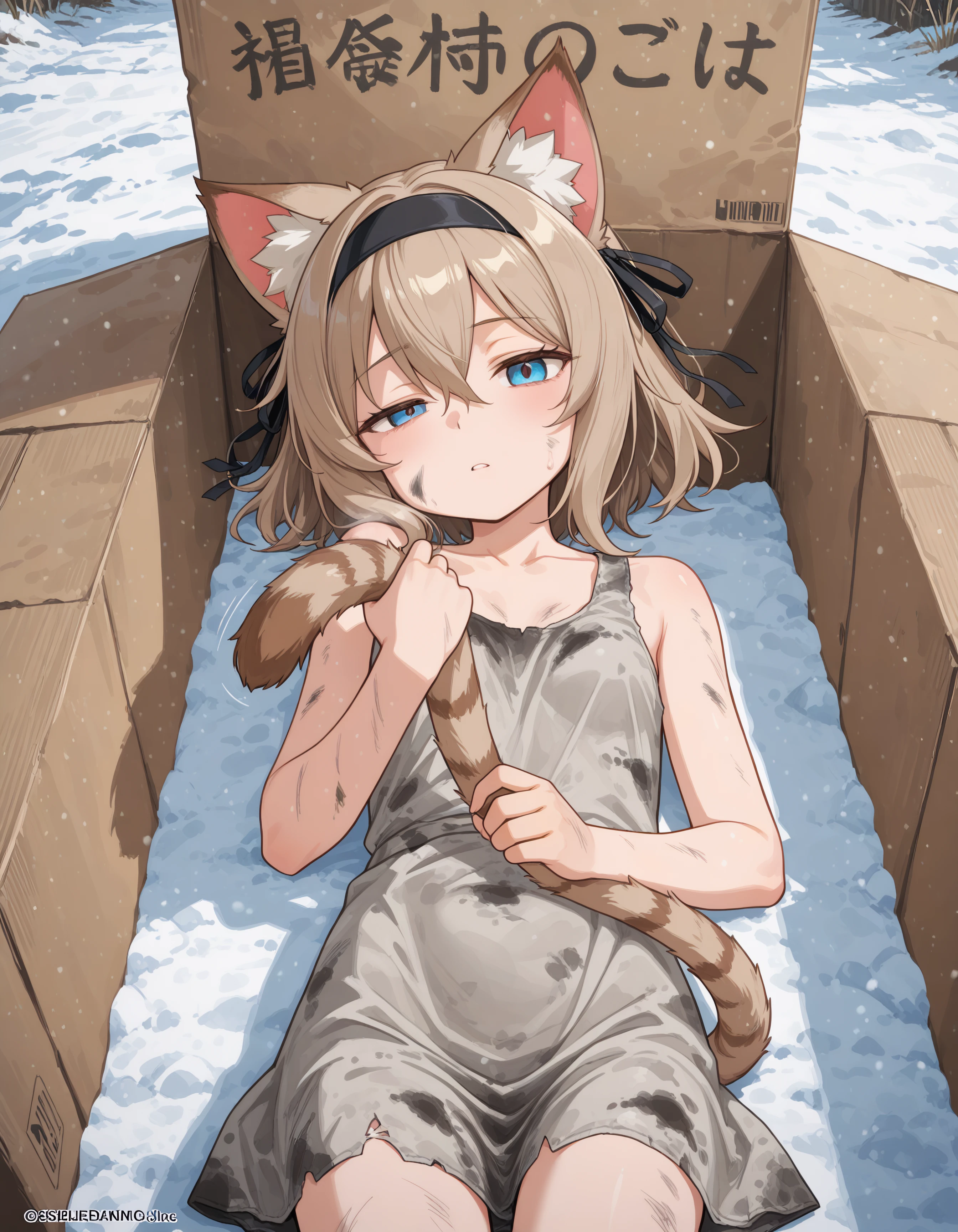 1girl, homeless, extreme dirty, shabby, thin, skinny, sick, torn clothing, laying down on snow, street, cold, thin clothing, almost naked, shivering, motion lines, holding own tail, cardboard box, cat ears, box, solo, cat tail, cat girl, half closed eye, pleading look, looking at viewer, blue eyes, hair between eyes, brown hair, animal ear fluff, hairband, dated, ribbon, light brown hair, black ribbon, hair ribbon, black hairband, hdr, low contrast, wide shot
masterpiece, best quality, absurdres, masterpiece, highres, perfect anatomy, anime style, anime screenshot, 8k wallpaper, ultra high quality, (extremely detailed cg), perfect lighting, (sharp image), dynamic angle