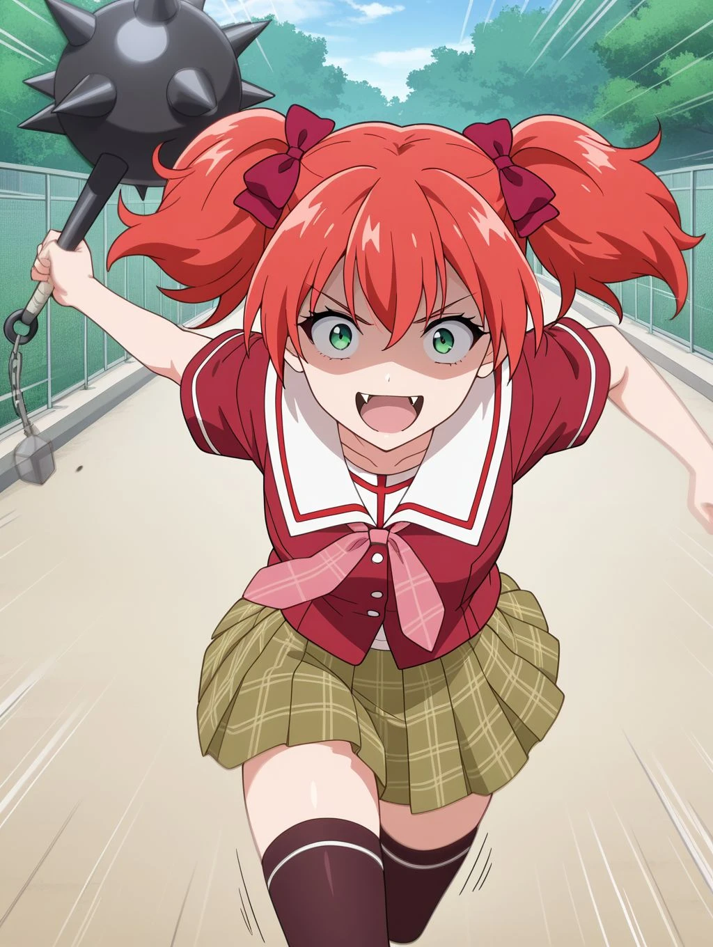 masterpiece, best quality, newest, absurdres, highres, detailed eyes, beautiful, detailed background, perfect eyes, anime coloring, anime screencap, 1girl, solo, shuzen kokoa, red hair, short hair, twintails, hair bow, green eyes, small breasts, school uniform, red shirt, short sleeves, white sailor collar, pink ribbon, plaid skirt, black thighhighs, holding spiked mace, incoming attack, (motion lines, motion blur:1.3), running, looking at viewer, frown, smile, open mouth, fangs, wide-eyed, constricted pupils, shaded face, (outdoors, school grounds), <lora:kokoa_r2v_illus-05:0.8>
