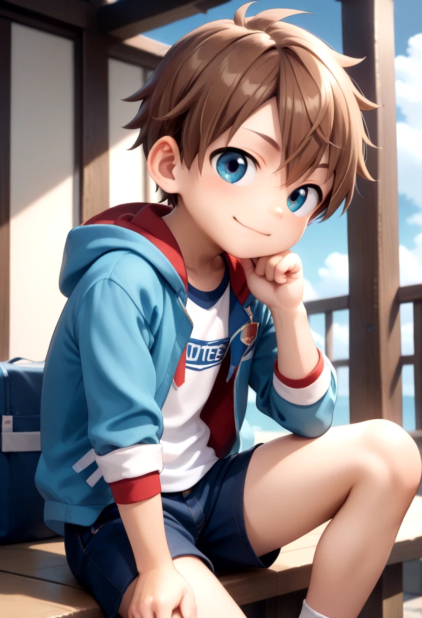 <lora:cutifiedanimecharacterdesign_variant_type_D_IL_v10:0.7>
type-d, solo, looking at viewer, smile, blue eyes, brown hair, shirt, 1boy, sitting, jacket, male focus, outdoors, sky, shorts, day, cloud, hood, mischievous grin, blue sky, hoodie, spiked hair, hood down,