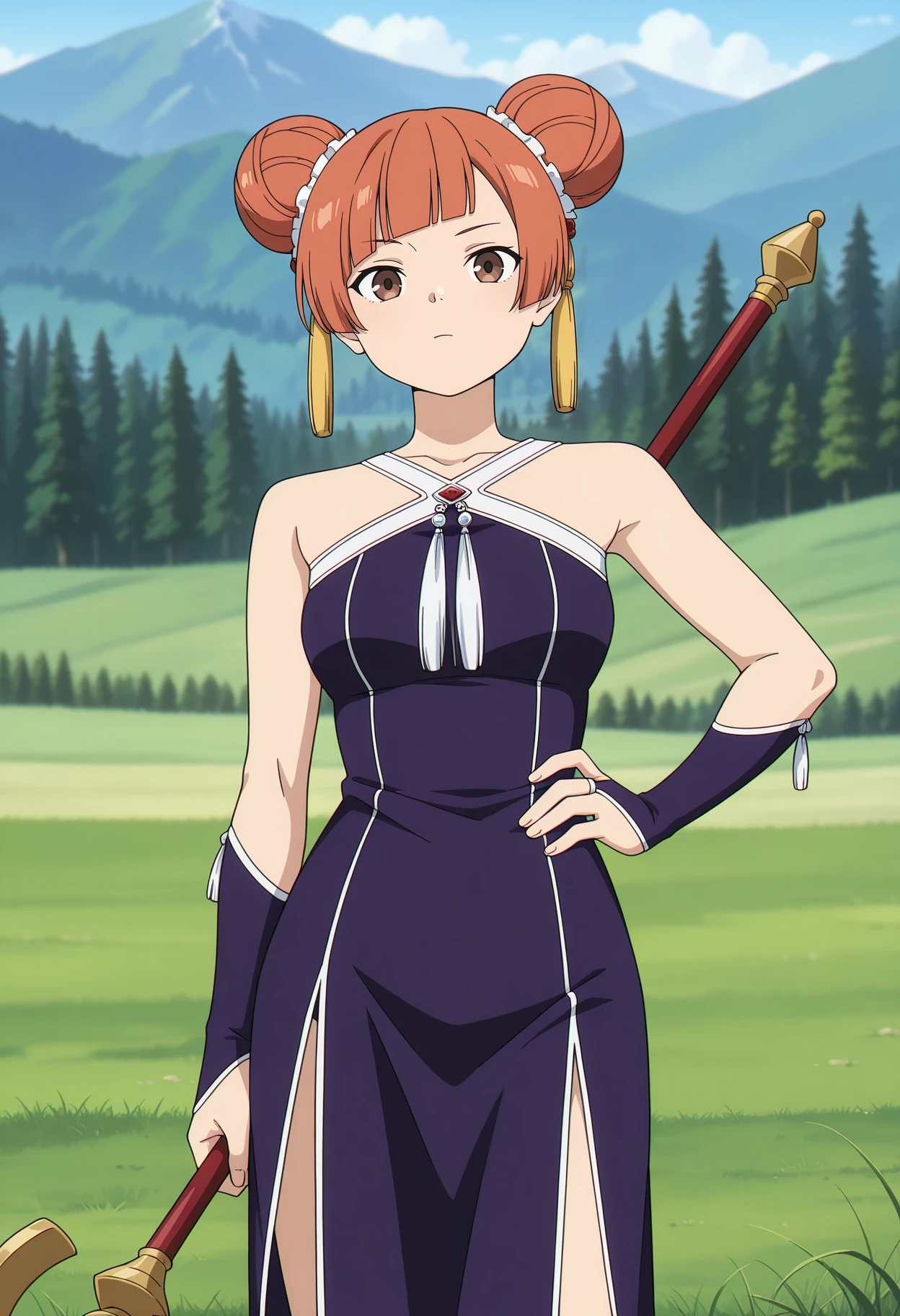 anime screencap, masterpiece, best quality,
<lora:SousouNoFrieren_Laufen_IlluXL:0.9>,
1girl, solo, closed mouth,
orange hair, short hair, double bun, blunt bangs, brown eyes, tassel hair ornament,
LaufenSSnF, china dress, sleeveless dress, purple dress, halterneck, bridal gauntlets,
holding staff,
hand on own hip, standing, looking at viewer, cowboy shot,
photo background, forest, mountainous horizon, grass, nature, blurry background