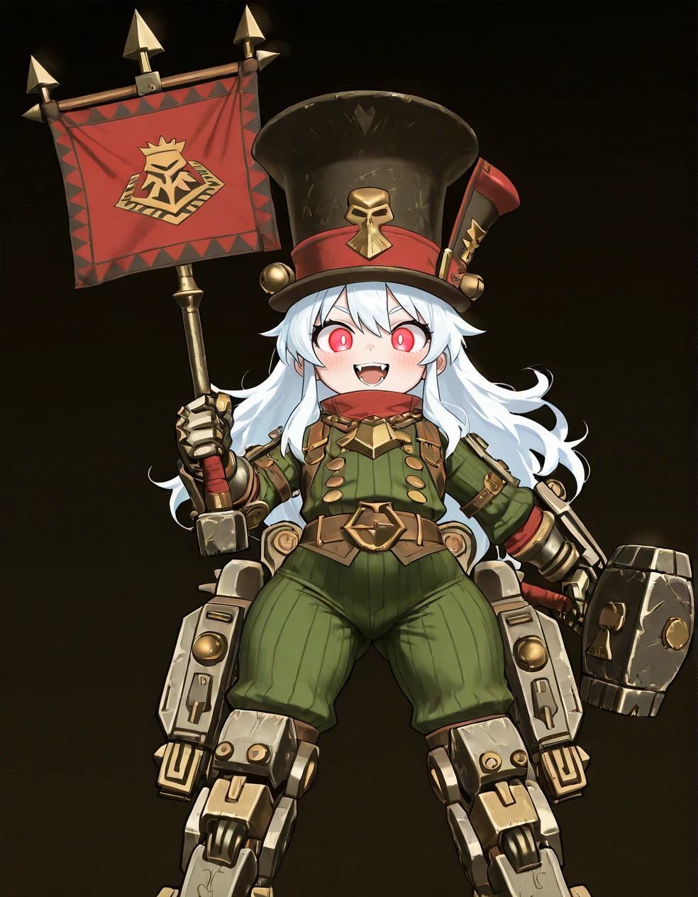 (2D,masterpiece,best quality,amazing quality,very aesthetic,high resolution,looking at viewer,ultra-detailed,,solo,source_anime,cute,curvy,lovely,Simple black background), Astragoth Ironhand,top hat,flag,(holding Hammer:1.2),Iron hand,clothes,ride mecha,white hair,Shortstack,glowing red eyes, open smile,fangs,blush,<lora:Astragoth_Ironhand:1>, <lora:ValbunStyle-IL:0.6>