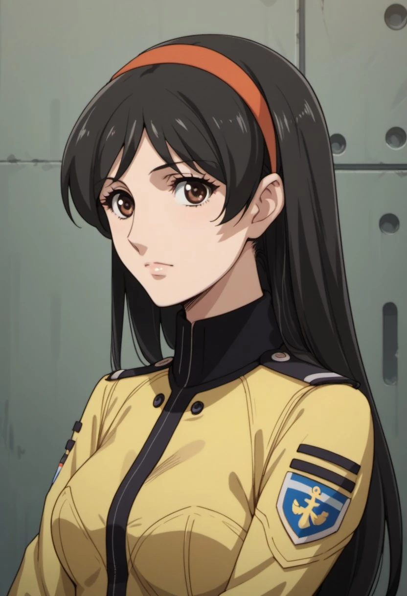 score_9, score_8_up, score_7_up, source_anime, saijo miki, black hair, brown eyes, long hair, 1girl, hairband, solo, uniform, military, looking at viewer, military uniform