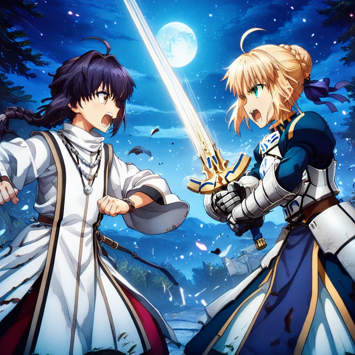masterpiece, best quality, absurdres, detailed skin, detailed face, detailed eyes, anime colored, anime screencap, anime colored,
2 girls, <lora:Pony_Sword_Duel_-_by_HailoKnight:0.8>, sword duel, outdoors, night, moon, facing another, fighting each other, 1vs1, holding sword,
ADDCOMM
<lora:Yamato_Takeru:1>, yamato takeru, 1 girl, single braid, looking at another, shouting, flat chest,
necklace, jewelry, wide sleeves,
ADDCOL
<lora:artoria-pendragon-hf-ponyxl-lora-nochekaiser:1>, 1 girl, artoria pendragon, saber, blonde hair, green eyes, ahoge, sidelocks,
hair bun, single hair bun, braid, dress, ribbon, hair ribbon, armor, gauntlets, armored dress, looking at another, shouting,