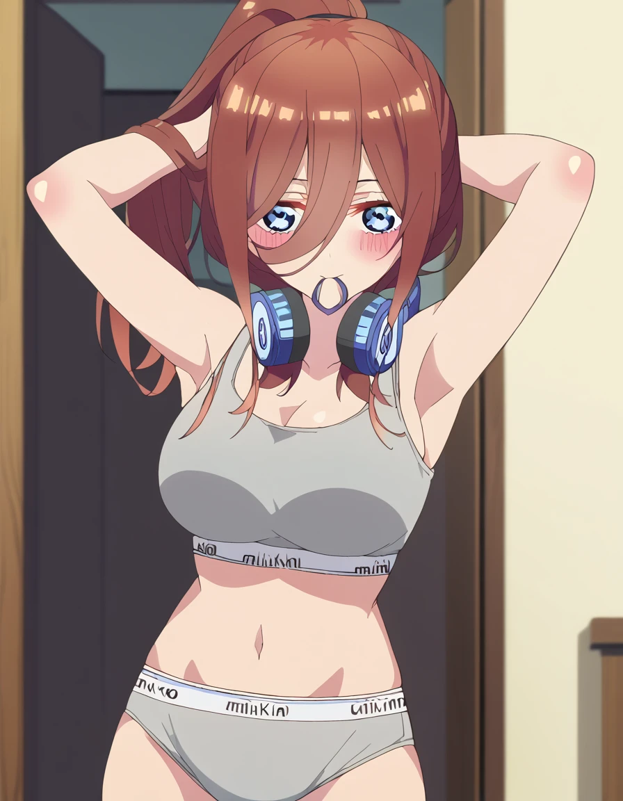 nose，sex toy，orgasm，masturbation，alone, 1 girl, looking at the viewer, 2D, anime, anime coloring, high quality, alone, contrasting, Miku Nakano, Headphones around the neck, looking at the viewer,((table top, 最high quality, High resolution, nffsw, perfect pixel, 4k, nffsw, nffsw))), 1 girl, alone, beautiful woman、I could see the whole body，((detailed face, blush:1.2)), ((smooth texture:0.75, realistic texture:0.65, realistic:1.1, animeCGスタイル)), medium breasts, dynamic angle, perfect body, Very embarrassing panic smile、(lift the skirt with your right hand、open your legs、open your knees wide、light blue floral lace panties)、、(cute floral bra)、angle from below，
love juice，
pussy juice，
pussy juice stain，